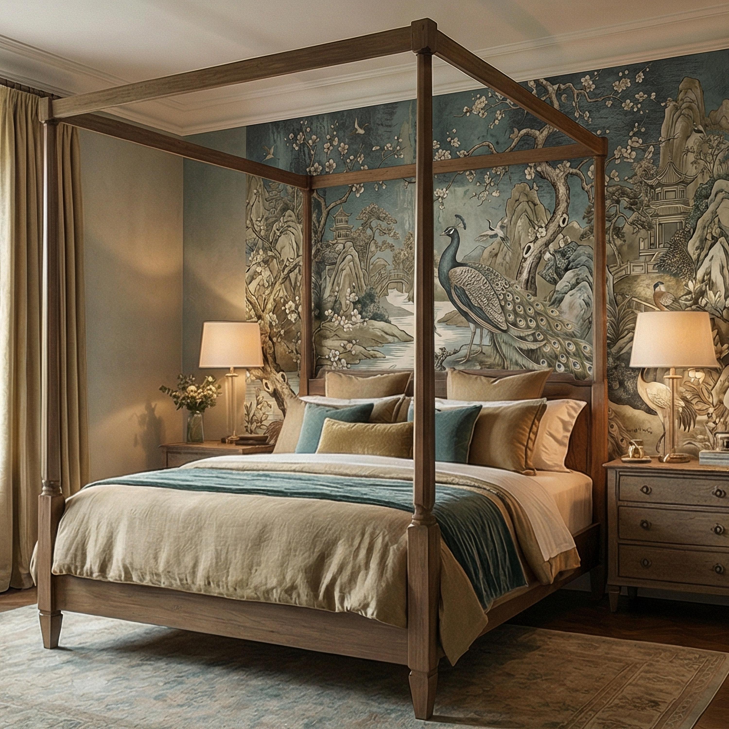 Chinoiserie Peacock Peel and Stick Wall Mural, Vintage Asian Landscape, Blossom Tree Pagoda Garden Wallpaper