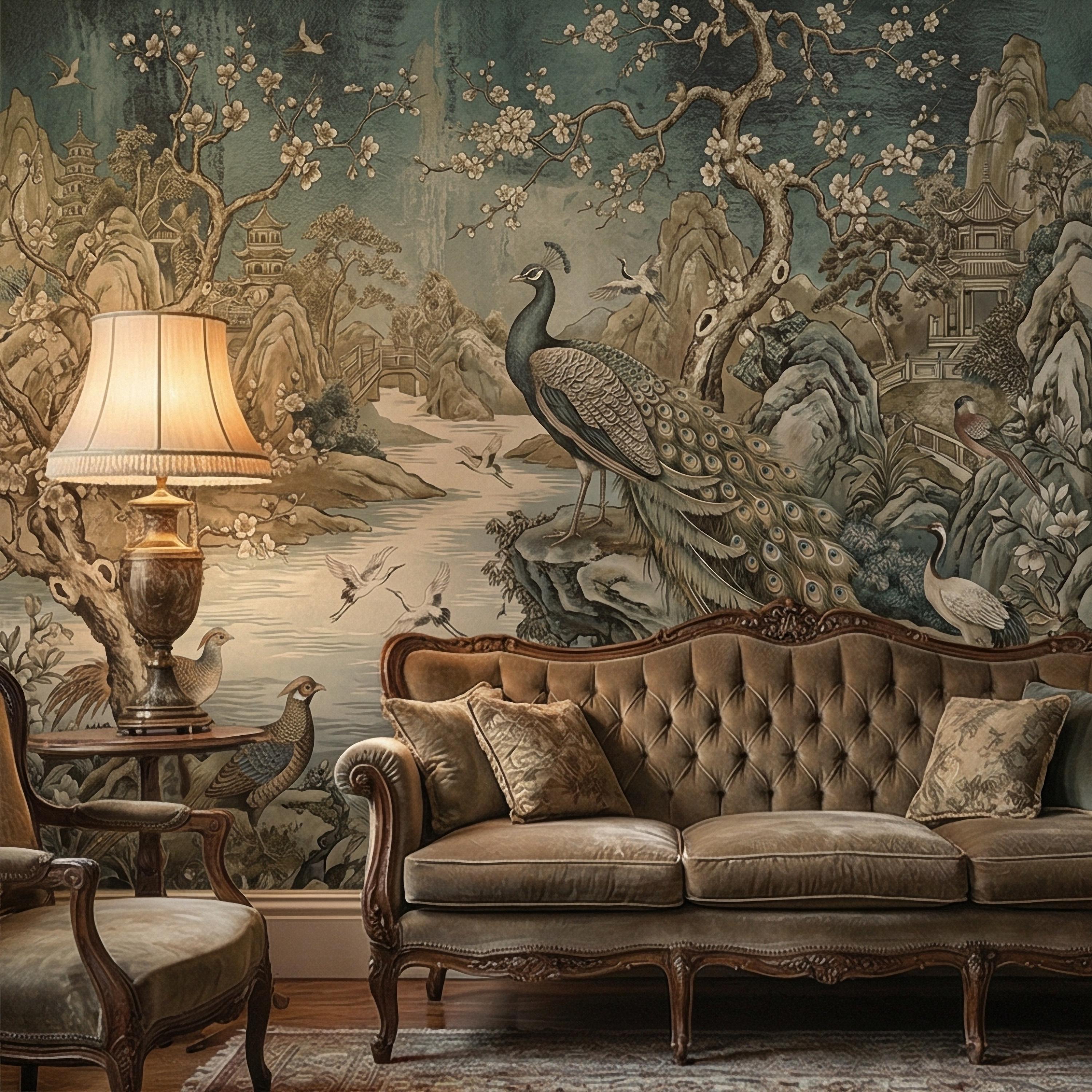 Chinoiserie Peacock Peel and Stick Wall Mural, Vintage Asian Landscape, Blossom Tree Pagoda Garden Wallpaper