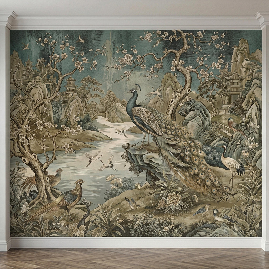 Chinoiserie Peacock Peel and Stick Wall Mural, Vintage Asian Landscape, Blossom Tree Pagoda Garden Wallpaper