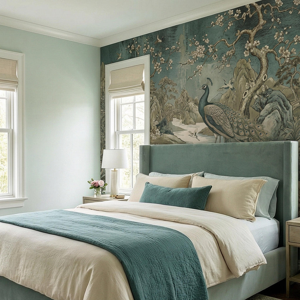 Chinoiserie Peacock Peel and Stick Wall Mural, Vintage Asian Landscape, Blossom Tree Pagoda Garden Wallpaper
