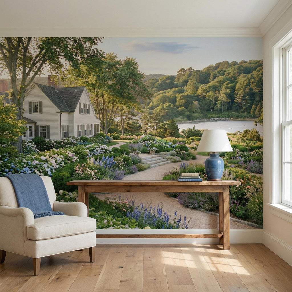 Hamptons Hydrangea Garden Peel and Stick Wall Mural, New England Coastal Estate Landscape Wallpaper