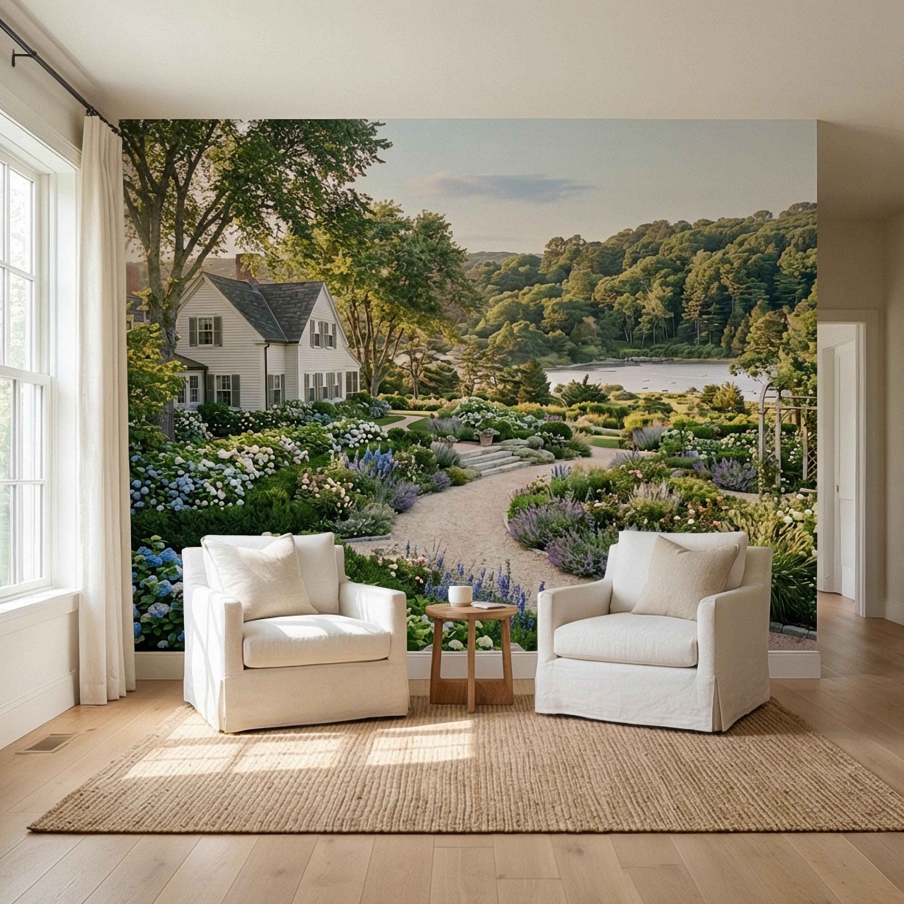 Hamptons Hydrangea Garden Peel and Stick Wall Mural, New England Coastal Estate Landscape Wallpaper