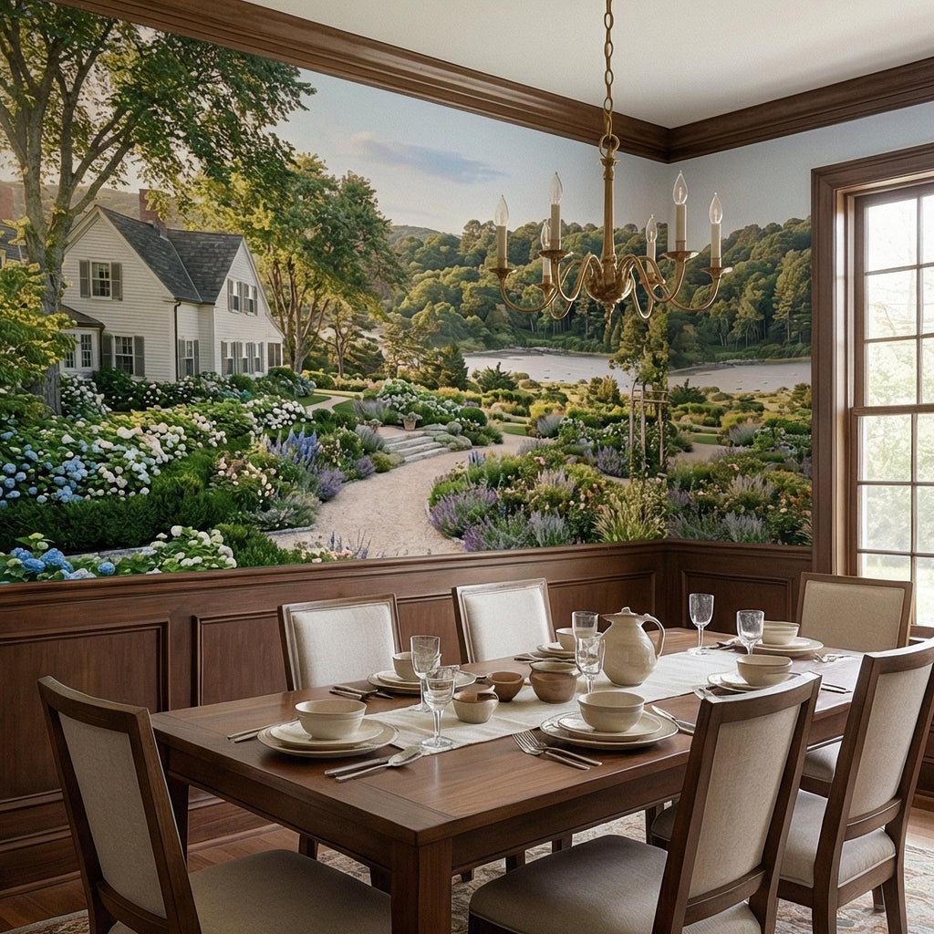 Hamptons Hydrangea Garden Peel and Stick Wall Mural, New England Coastal Estate Landscape Wallpaper