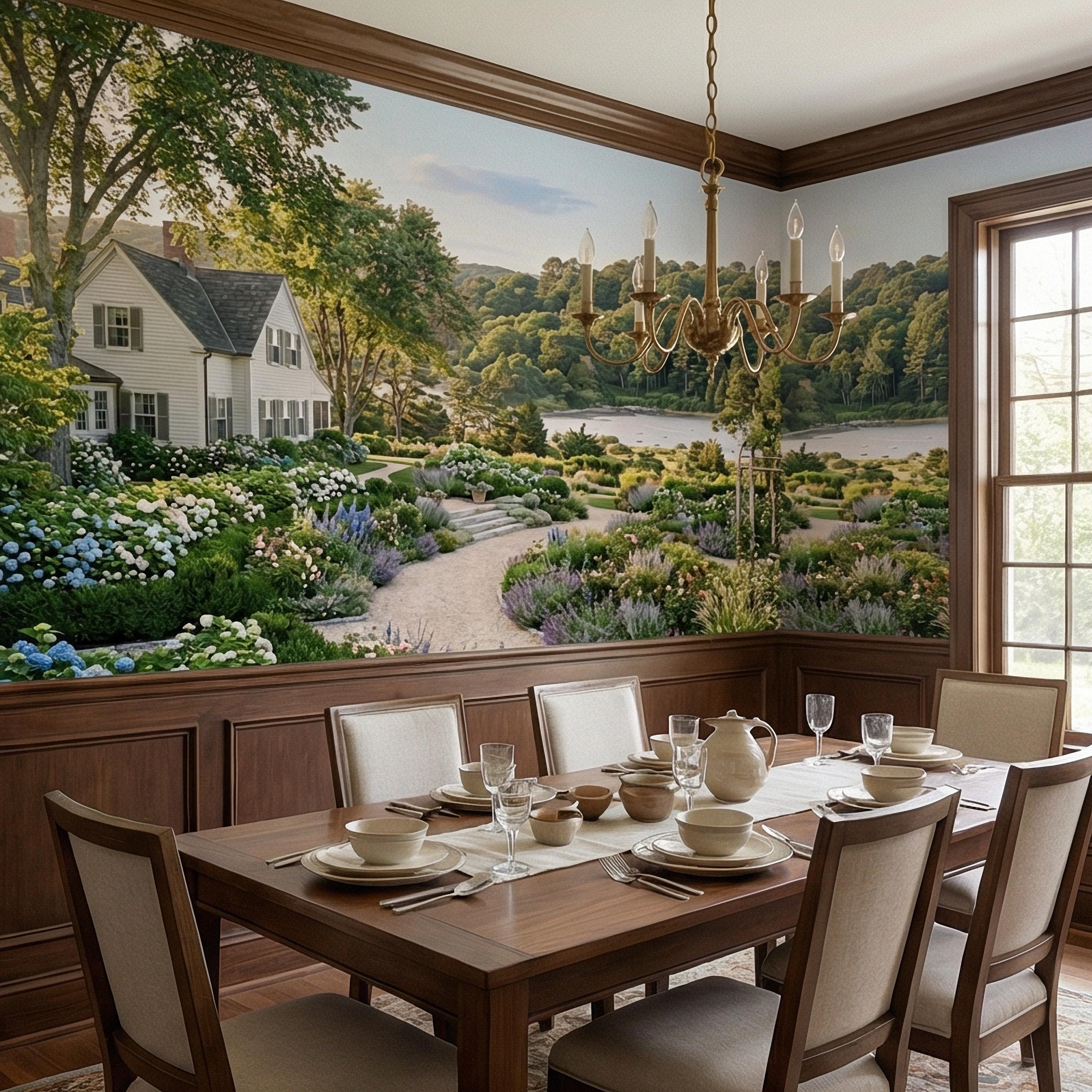 Hamptons Hydrangea Garden Peel and Stick Wall Mural, New England Coastal Estate Landscape Wallpaper