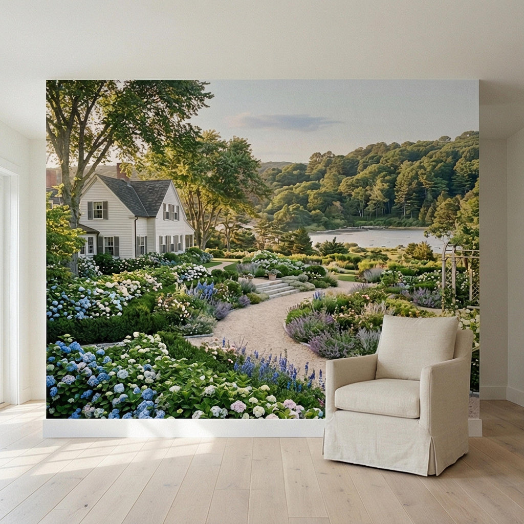 Hamptons Hydrangea Garden Peel and Stick Wall Mural, New England Coastal Estate Landscape Wallpaper