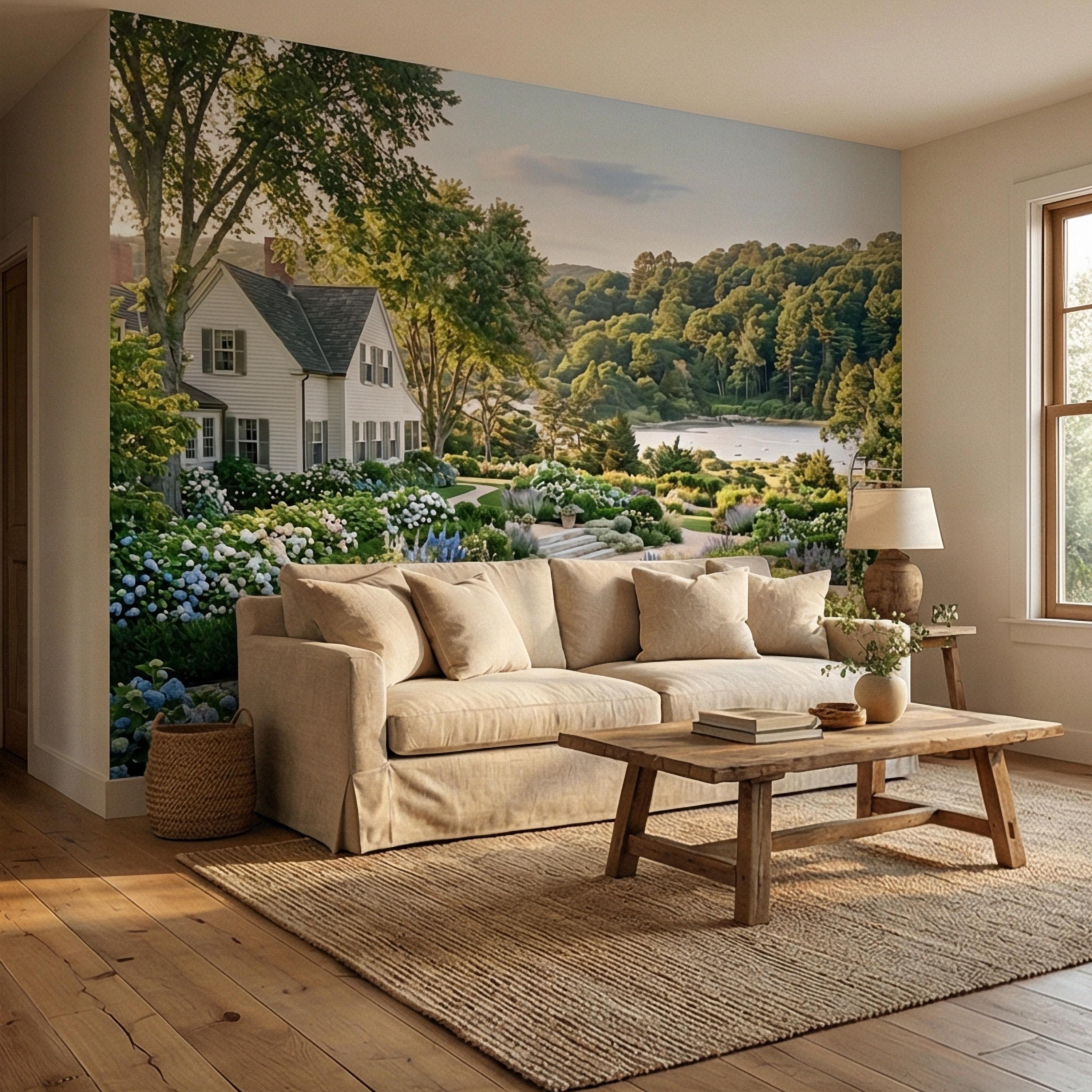 Hamptons Hydrangea Garden Peel and Stick Wall Mural, New England Coastal Estate Landscape Wallpaper