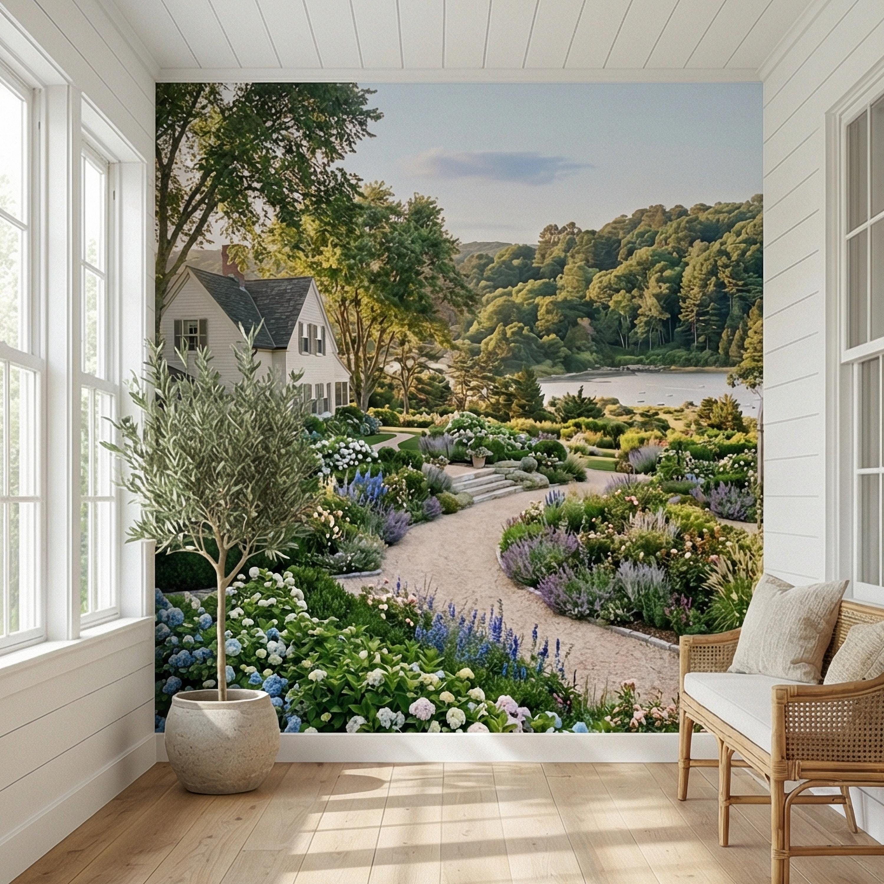 Hamptons Hydrangea Garden Peel and Stick Wall Mural, New England Coastal Estate Landscape Wallpaper