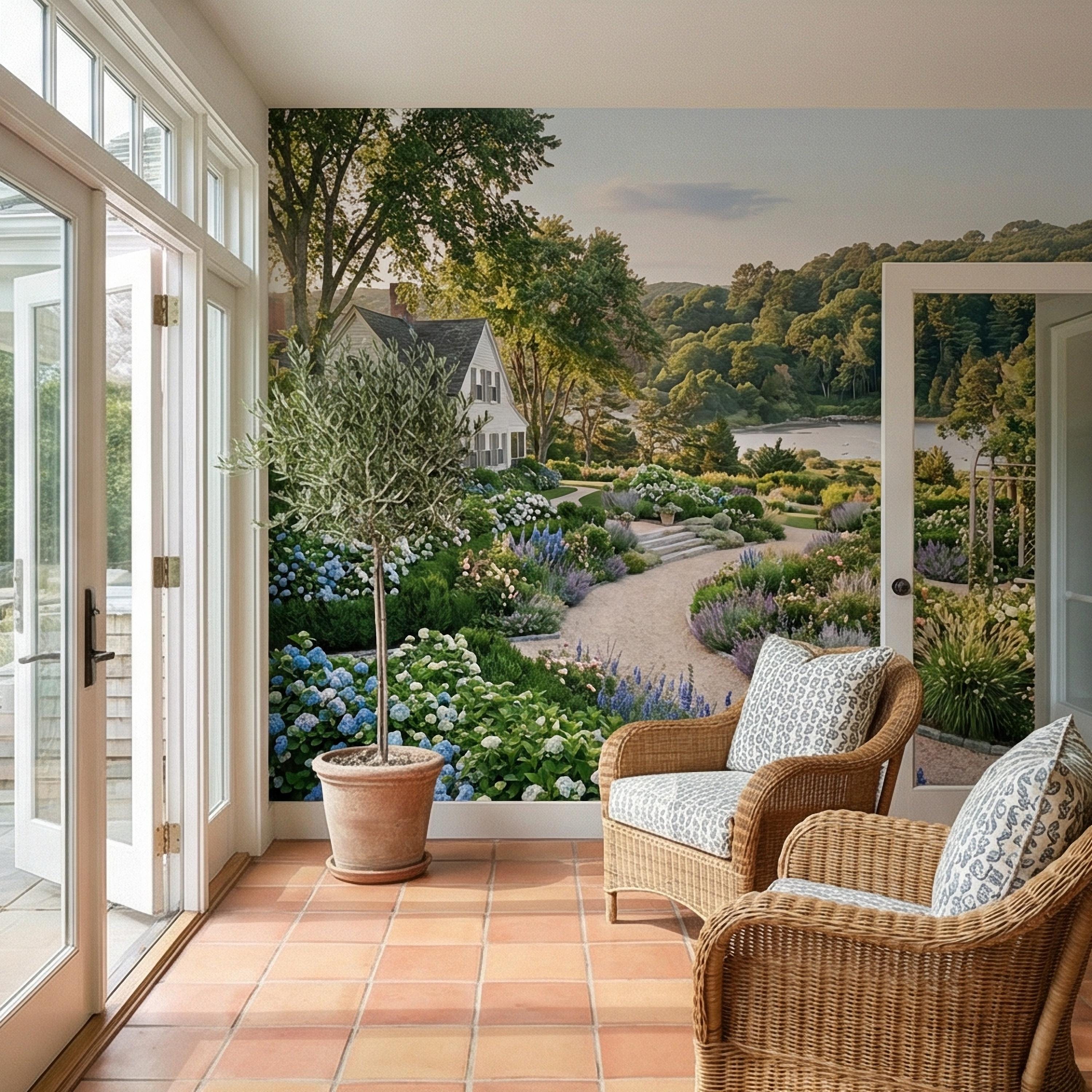Hamptons Hydrangea Garden Peel and Stick Wall Mural, New England Coastal Estate Landscape Wallpaper