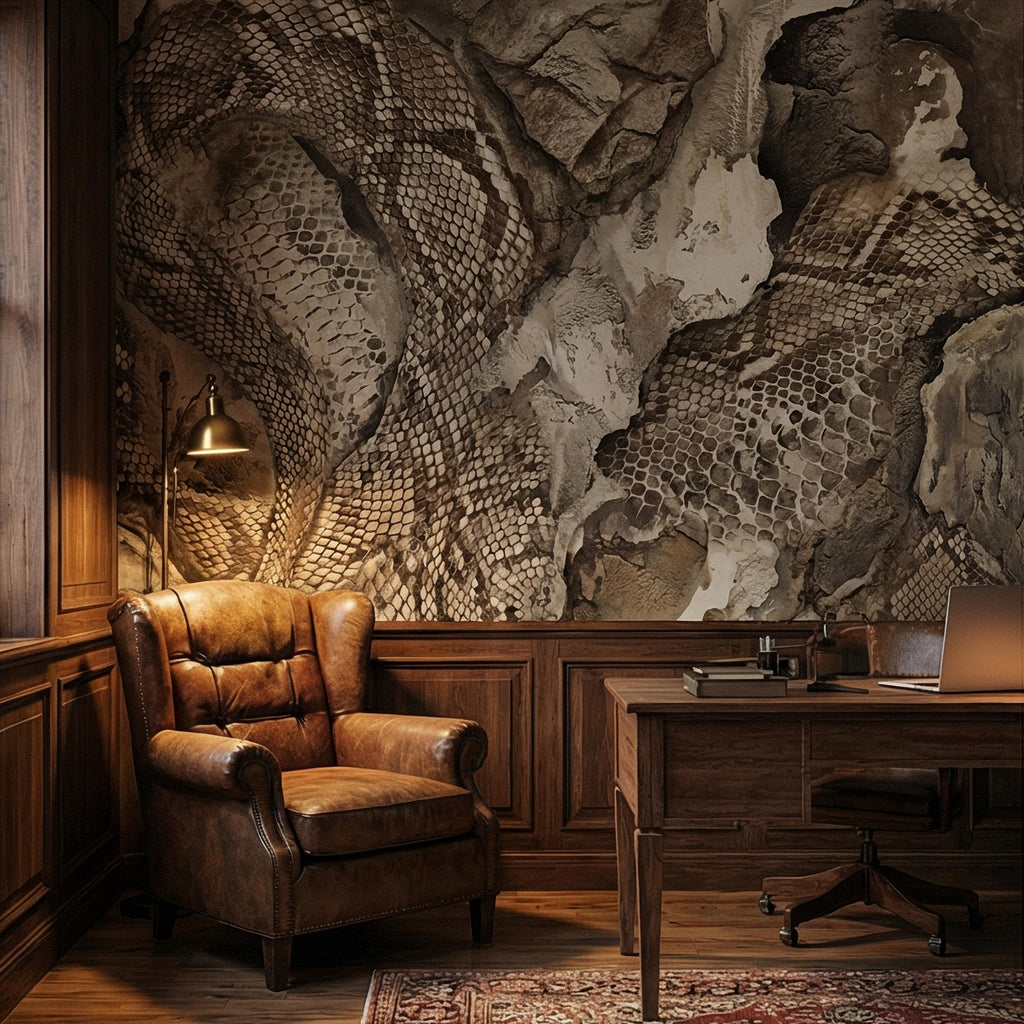 Snakeskin Texture Peel and Stick Wall Mural, Distressed Reptile Scale, Weathered Stone Surface, Neutral Earth Tone Python Wallpaper