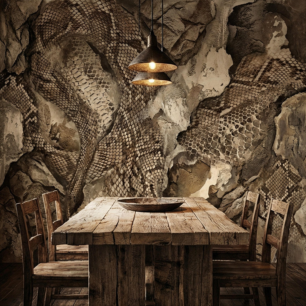 Snakeskin Texture Peel and Stick Wall Mural, Distressed Reptile Scale, Weathered Stone Surface, Neutral Earth Tone Python Wallpaper