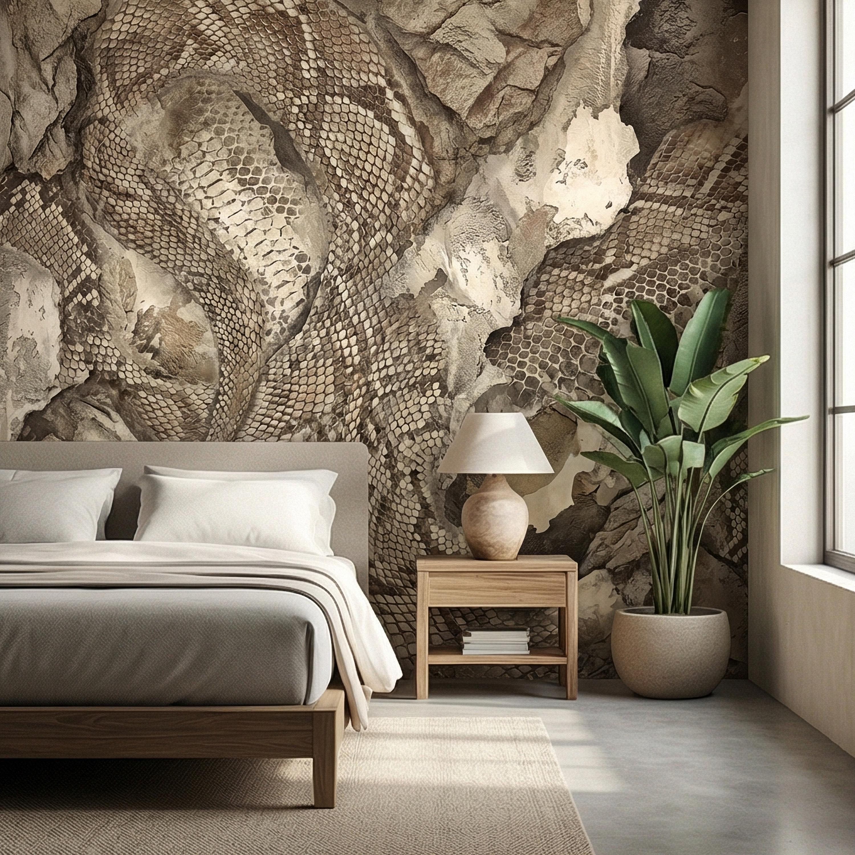 Snakeskin Texture Peel and Stick Wall Mural, Distressed Reptile Scale, Weathered Stone Surface, Neutral Earth Tone Python Wallpaper
