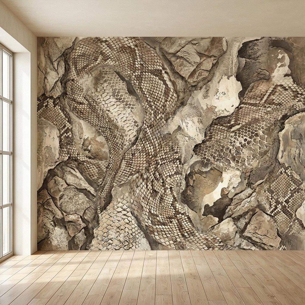 Snakeskin Texture Peel and Stick Wall Mural, Distressed Reptile Scale, Weathered Stone Surface, Neutral Earth Tone Python Wallpaper