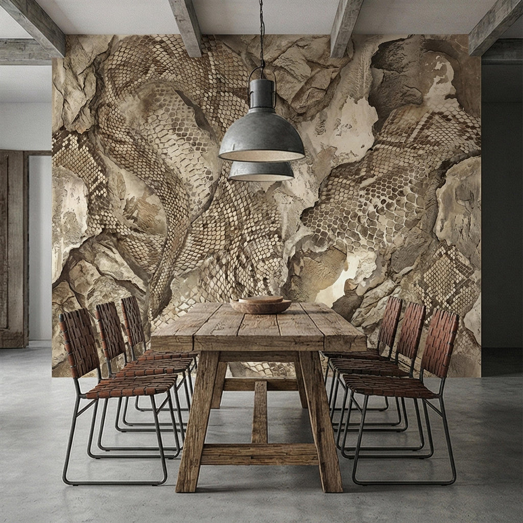 Snakeskin Texture Peel and Stick Wall Mural, Distressed Reptile Scale, Weathered Stone Surface, Neutral Earth Tone Python Wallpaper
