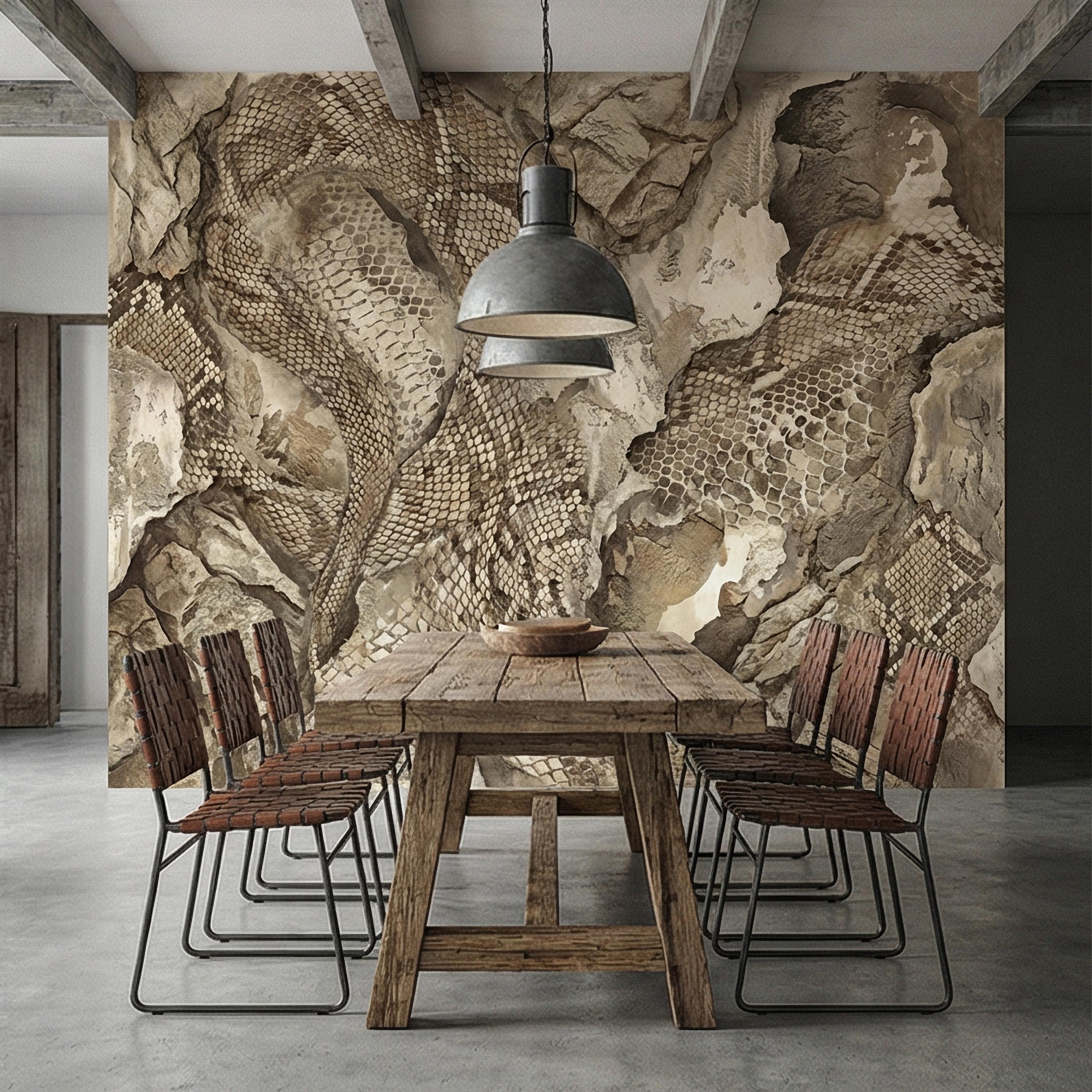 Snakeskin Texture Peel and Stick Wall Mural, Distressed Reptile Scale, Weathered Stone Surface, Neutral Earth Tone Python Wallpaper
