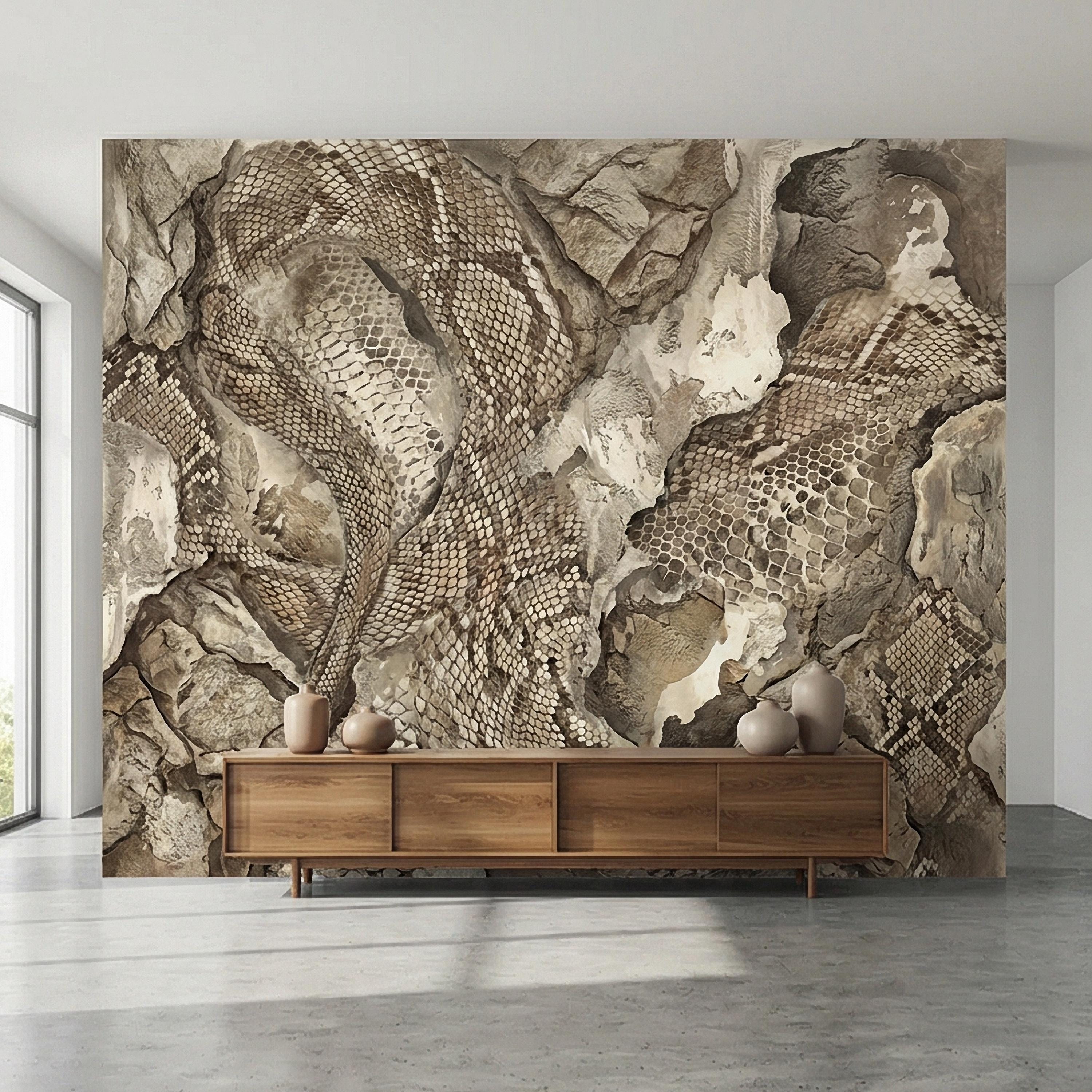 Snakeskin Texture Peel and Stick Wall Mural, Distressed Reptile Scale, Weathered Stone Surface, Neutral Earth Tone Python Wallpaper