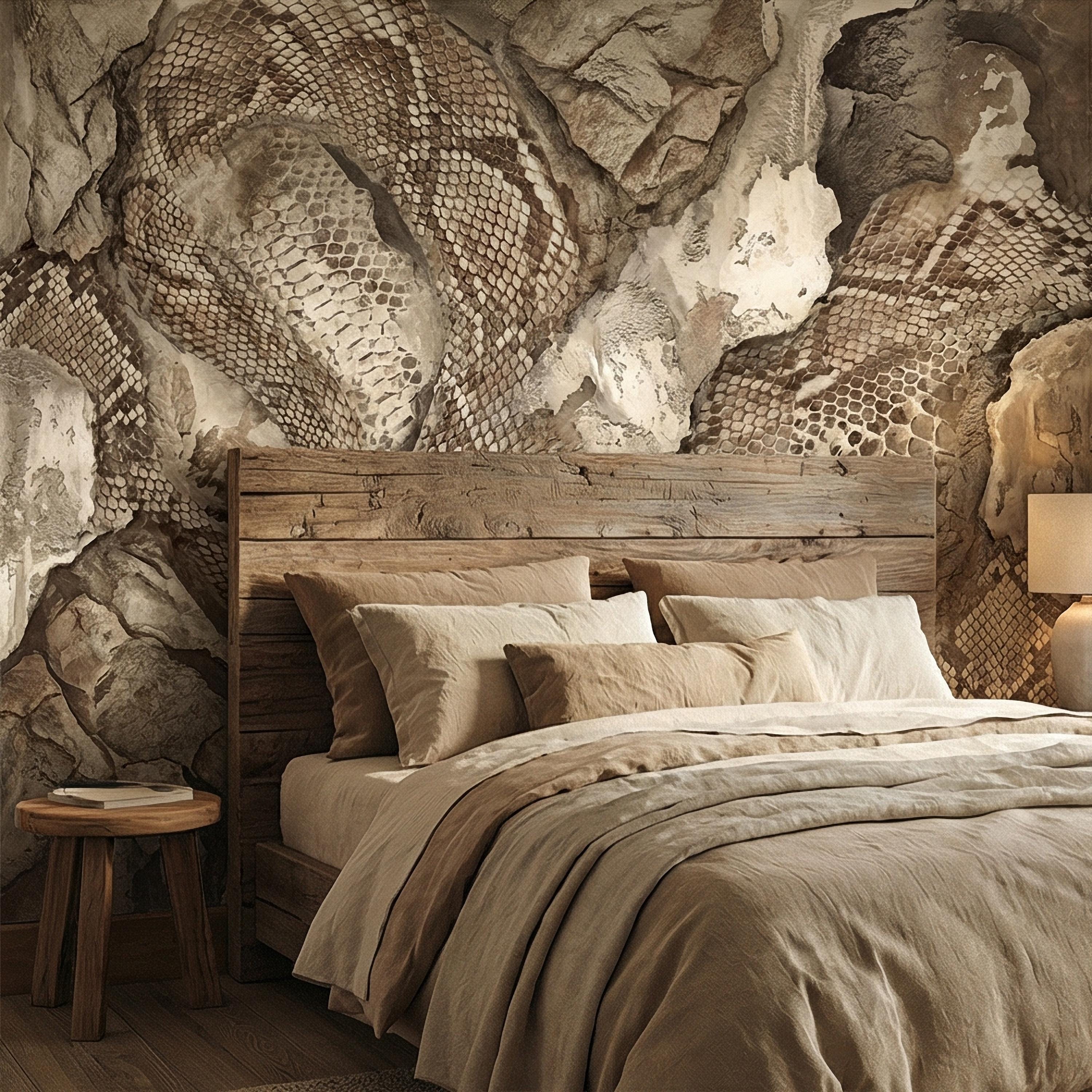 Snakeskin Texture Peel and Stick Wall Mural, Distressed Reptile Scale, Weathered Stone Surface, Neutral Earth Tone Python Wallpaper