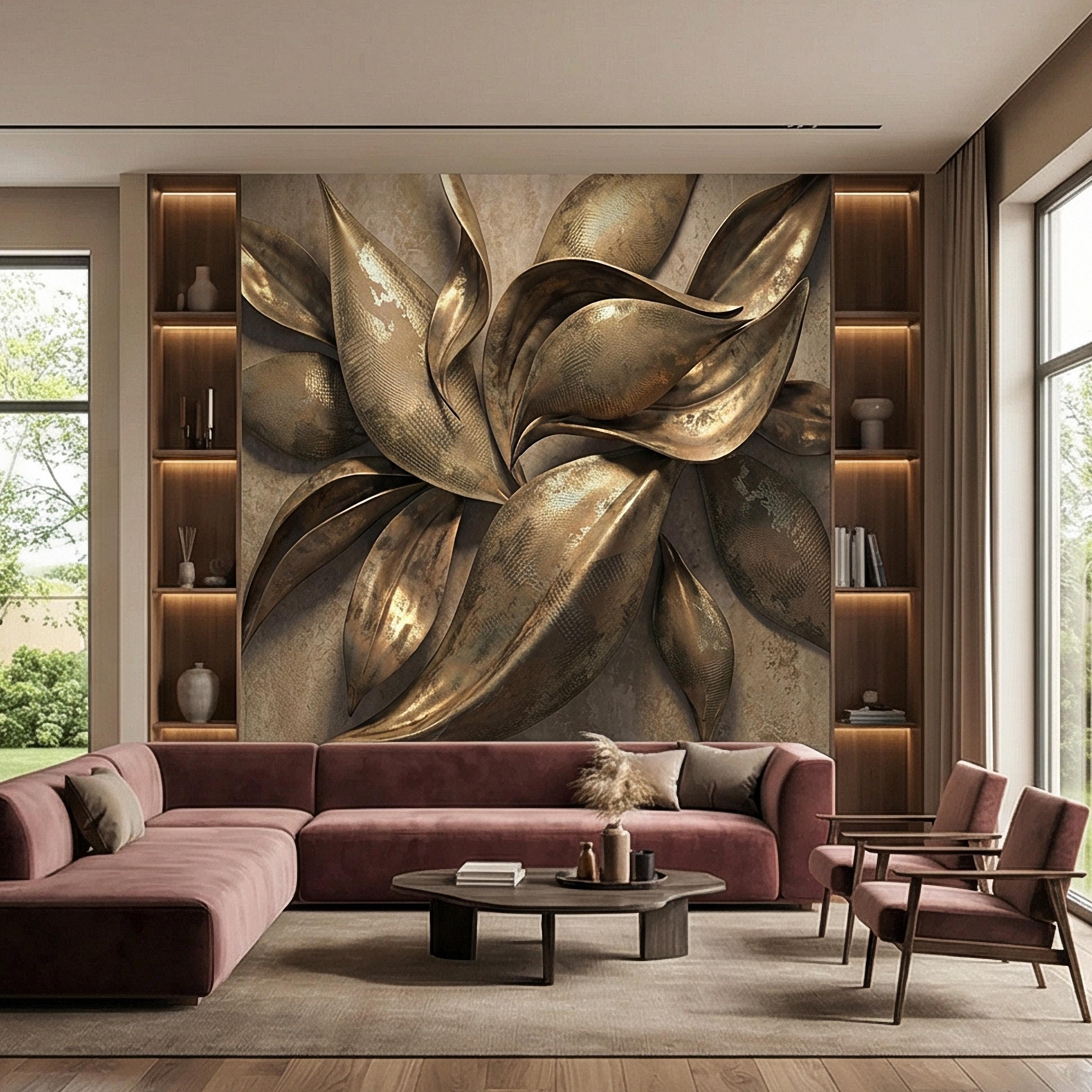 Abstract Leaf Peel and Stick Wall Mural, 3D Sculptural Antique Bronze Petals, Textured Botanical Floral Modern Luxury Wallpaper