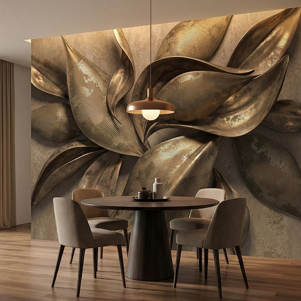 Abstract Leaf Peel and Stick Wall Mural, 3D Sculptural Antique Bronze Petals, Textured Botanical Floral Modern Luxury Wallpaper