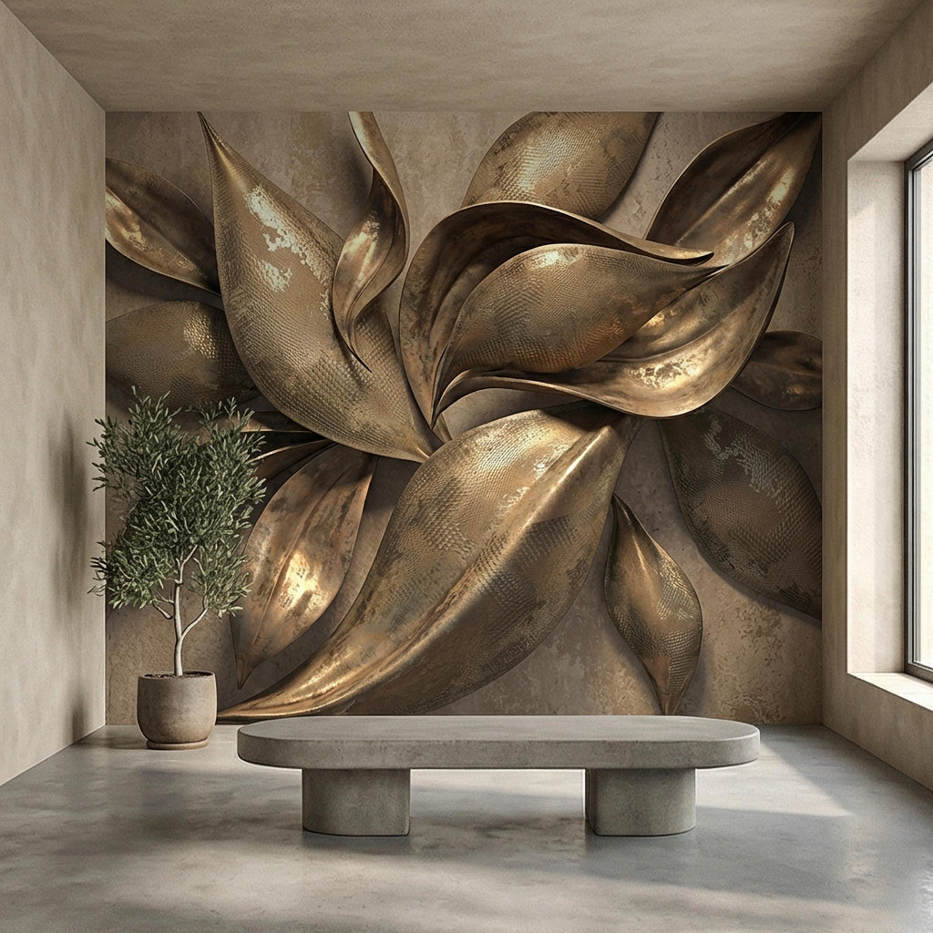 Abstract Leaf Peel and Stick Wall Mural, 3D Sculptural Antique Bronze Petals, Textured Botanical Floral Modern Luxury Wallpaper
