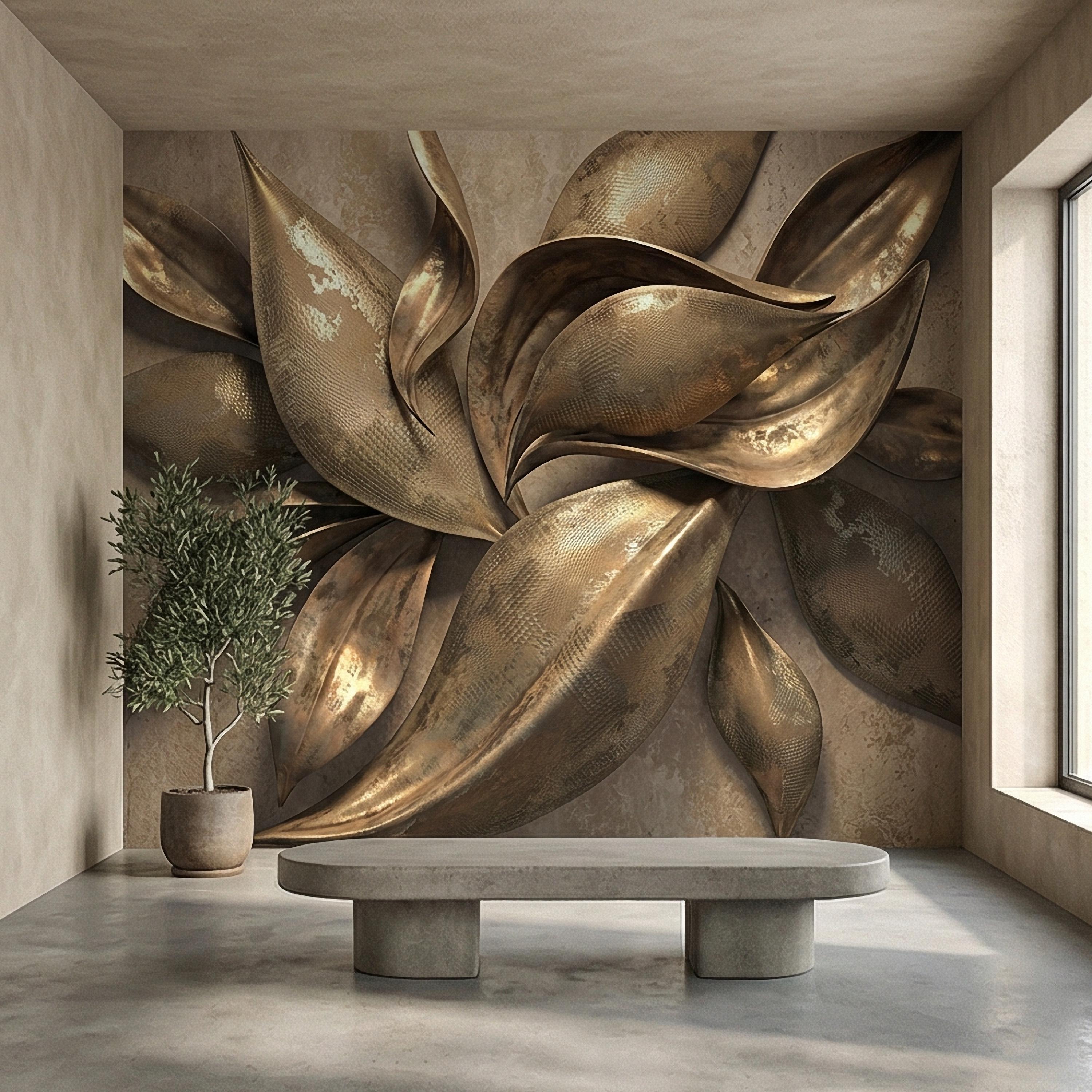 Abstract Leaf Peel and Stick Wall Mural, 3D Sculptural Antique Bronze Petals, Textured Botanical Floral Modern Luxury Wallpaper