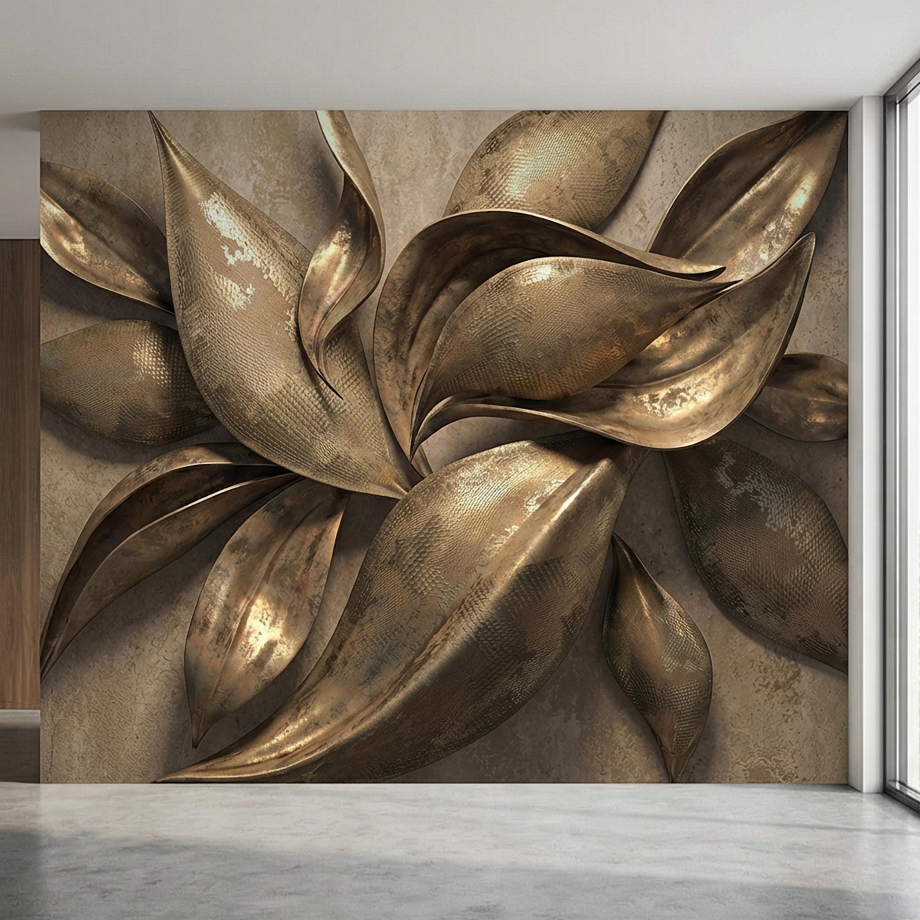 Abstract Leaf Peel and Stick Wall Mural, 3D Sculptural Antique Bronze Petals, Textured Botanical Floral Modern Luxury Wallpaper