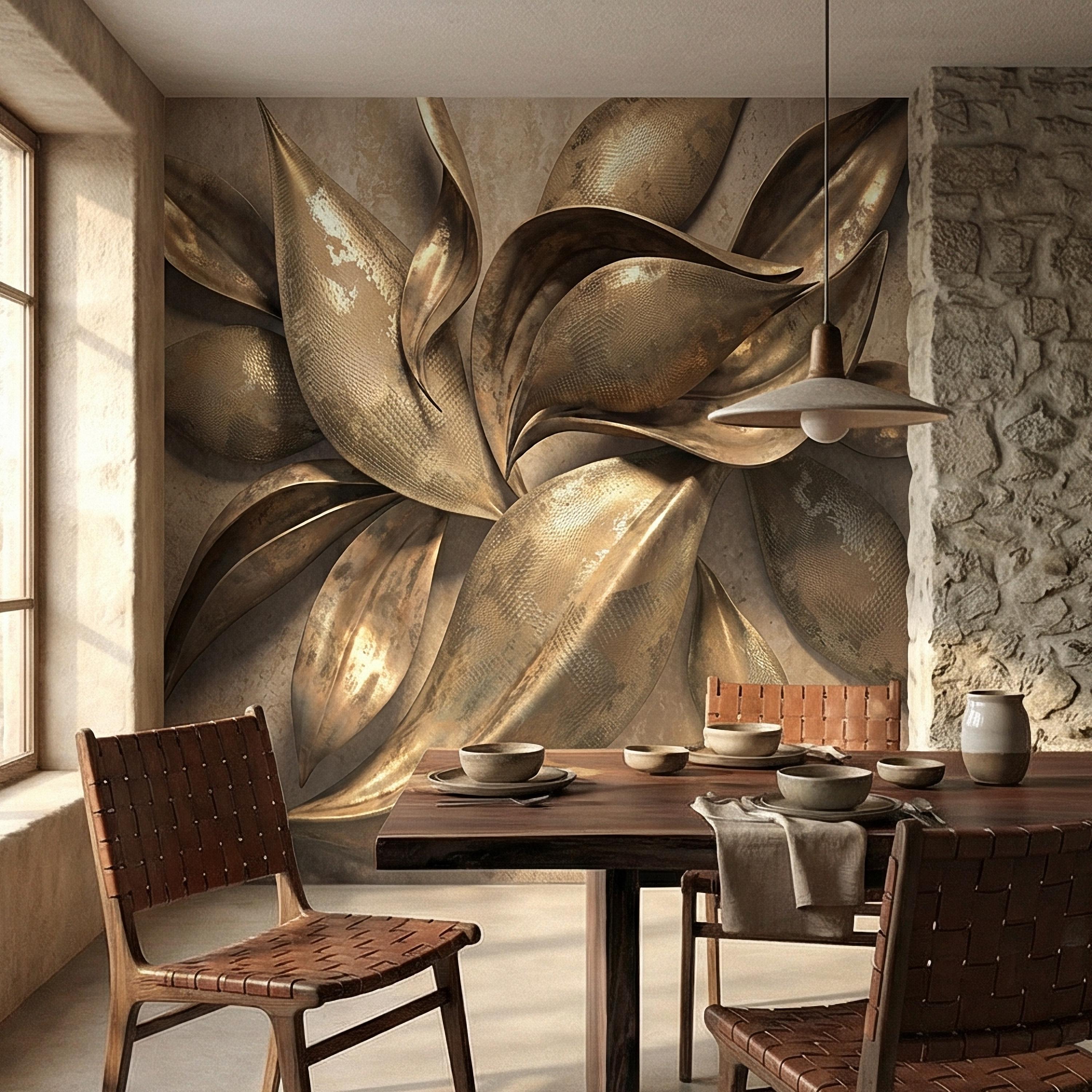 Abstract Leaf Peel and Stick Wall Mural, 3D Sculptural Antique Bronze Petals, Textured Botanical Floral Modern Luxury Wallpaper