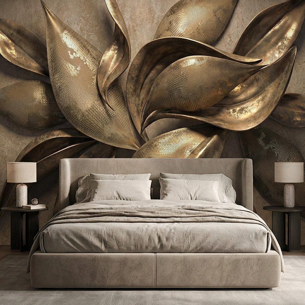 Abstract Leaf Peel and Stick Wall Mural, 3D Sculptural Antique Bronze Petals, Textured Botanical Floral Modern Luxury Wallpaper