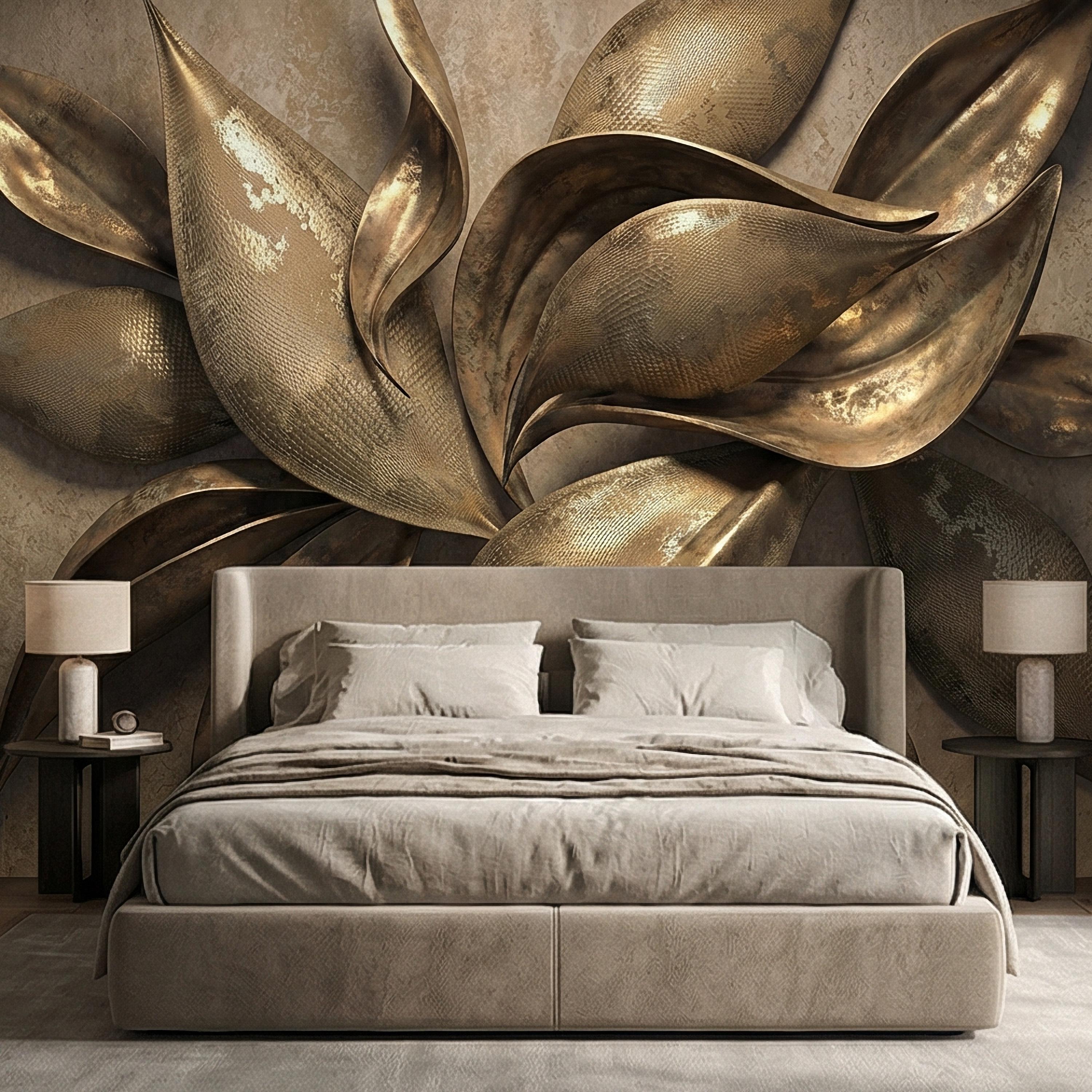 Abstract Leaf Peel and Stick Wall Mural, 3D Sculptural Antique Bronze Petals, Textured Botanical Floral Modern Luxury Wallpaper