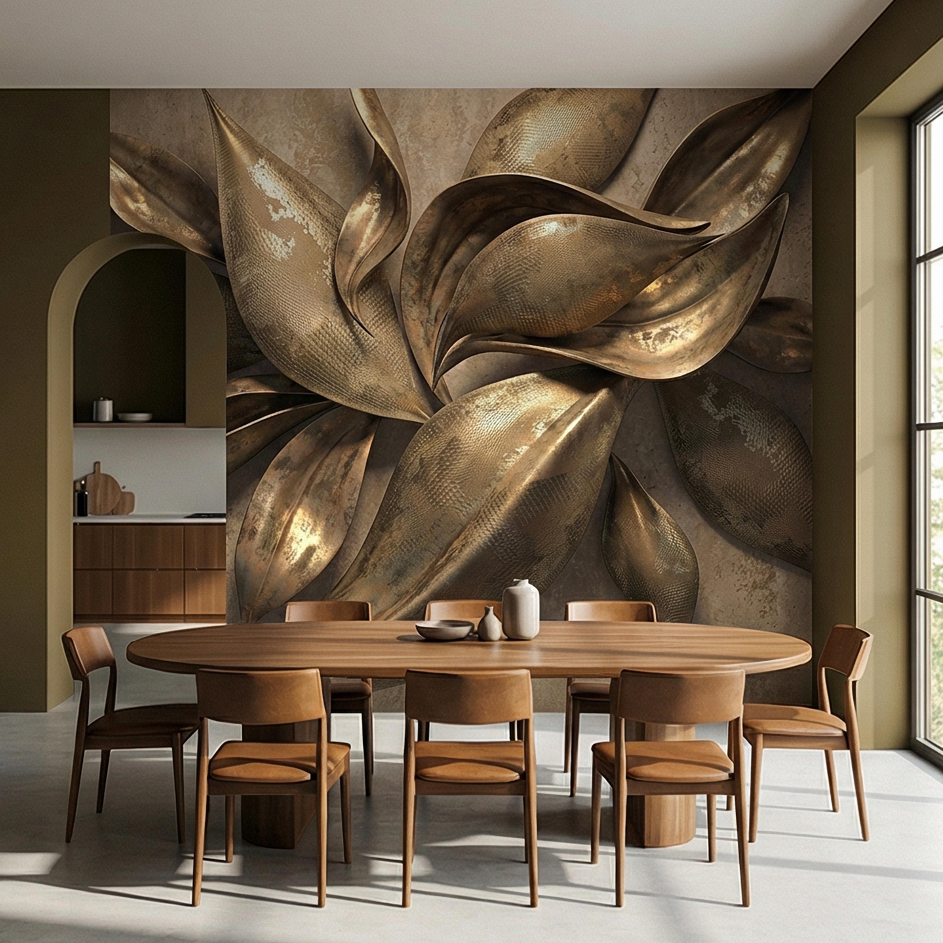 Abstract Leaf Peel and Stick Wall Mural, 3D Sculptural Antique Bronze Petals, Textured Botanical Floral Modern Luxury Wallpaper