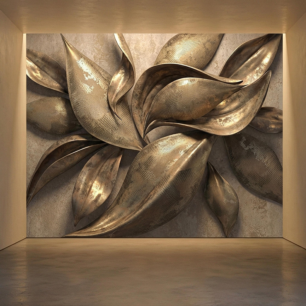 Abstract Leaf Peel and Stick Wall Mural, 3D Sculptural Antique Bronze Petals, Textured Botanical Floral Modern Luxury Wallpaper