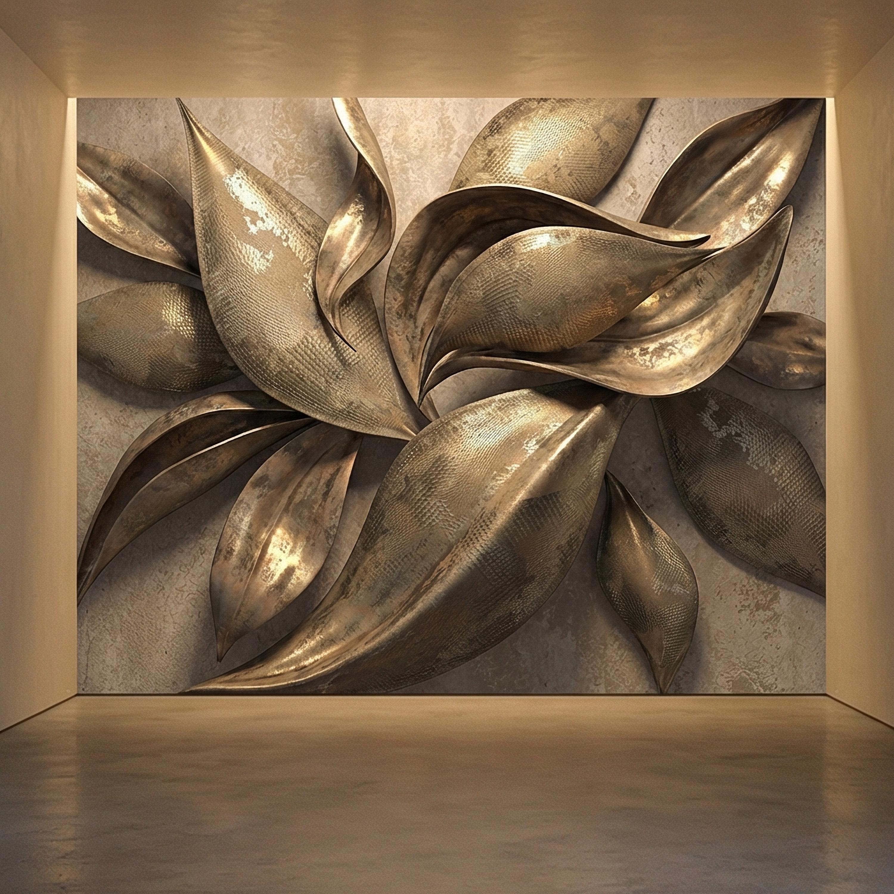 Abstract Leaf Peel and Stick Wall Mural, 3D Sculptural Antique Bronze Petals, Textured Botanical Floral Modern Luxury Wallpaper