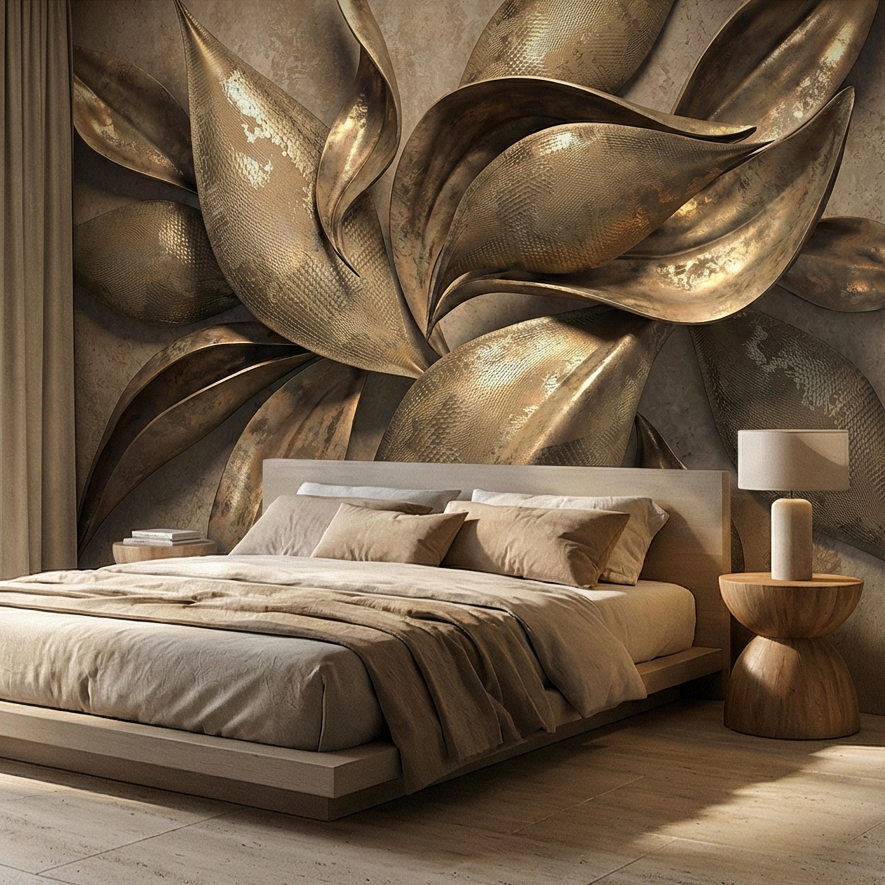 Abstract Leaf Peel and Stick Wall Mural, 3D Sculptural Antique Bronze Petals, Textured Botanical Floral Modern Luxury Wallpaper