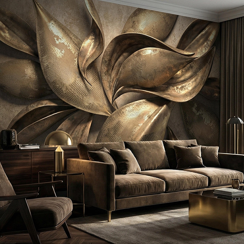 Abstract Leaf Peel and Stick Wall Mural, 3D Sculptural Antique Bronze Petals, Textured Botanical Floral Modern Luxury Wallpaper