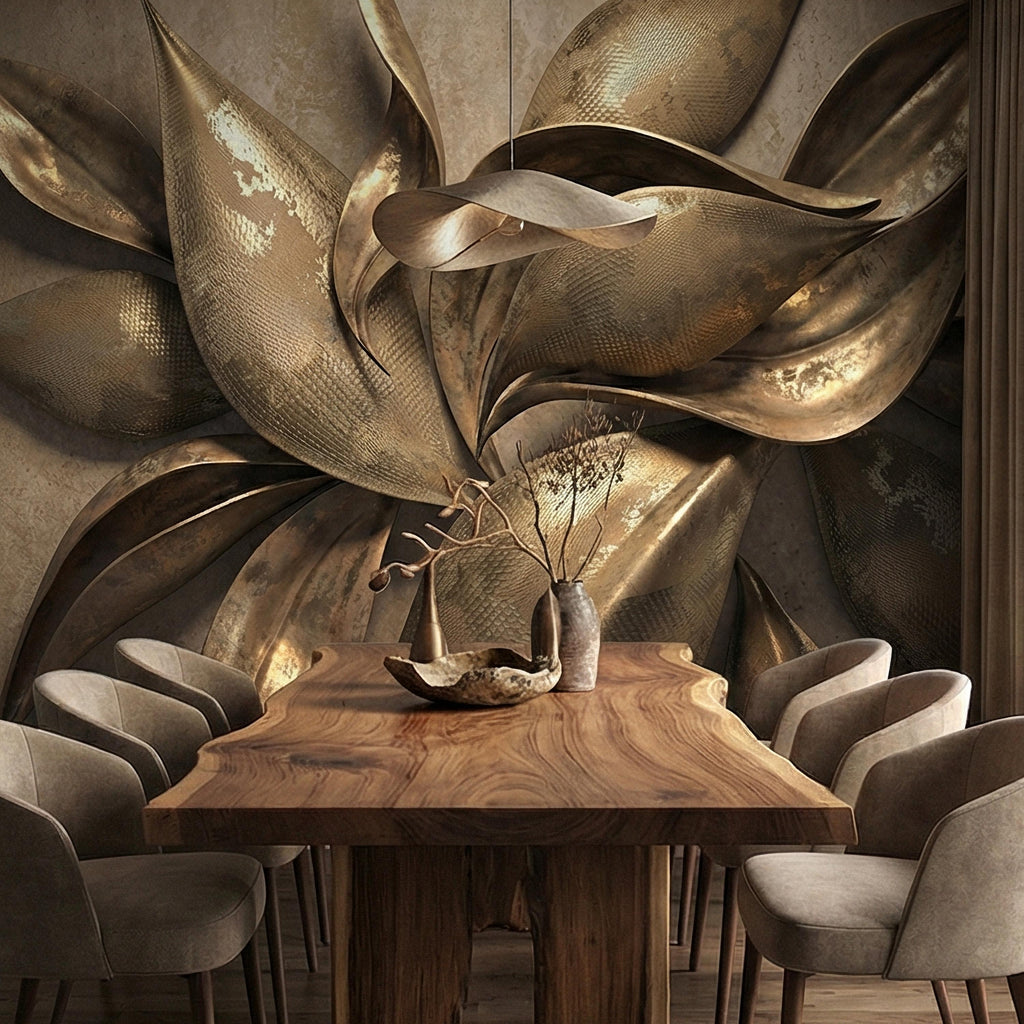 Abstract Leaf Peel and Stick Wall Mural, 3D Sculptural Antique Bronze Petals, Textured Botanical Floral Modern Luxury Wallpaper