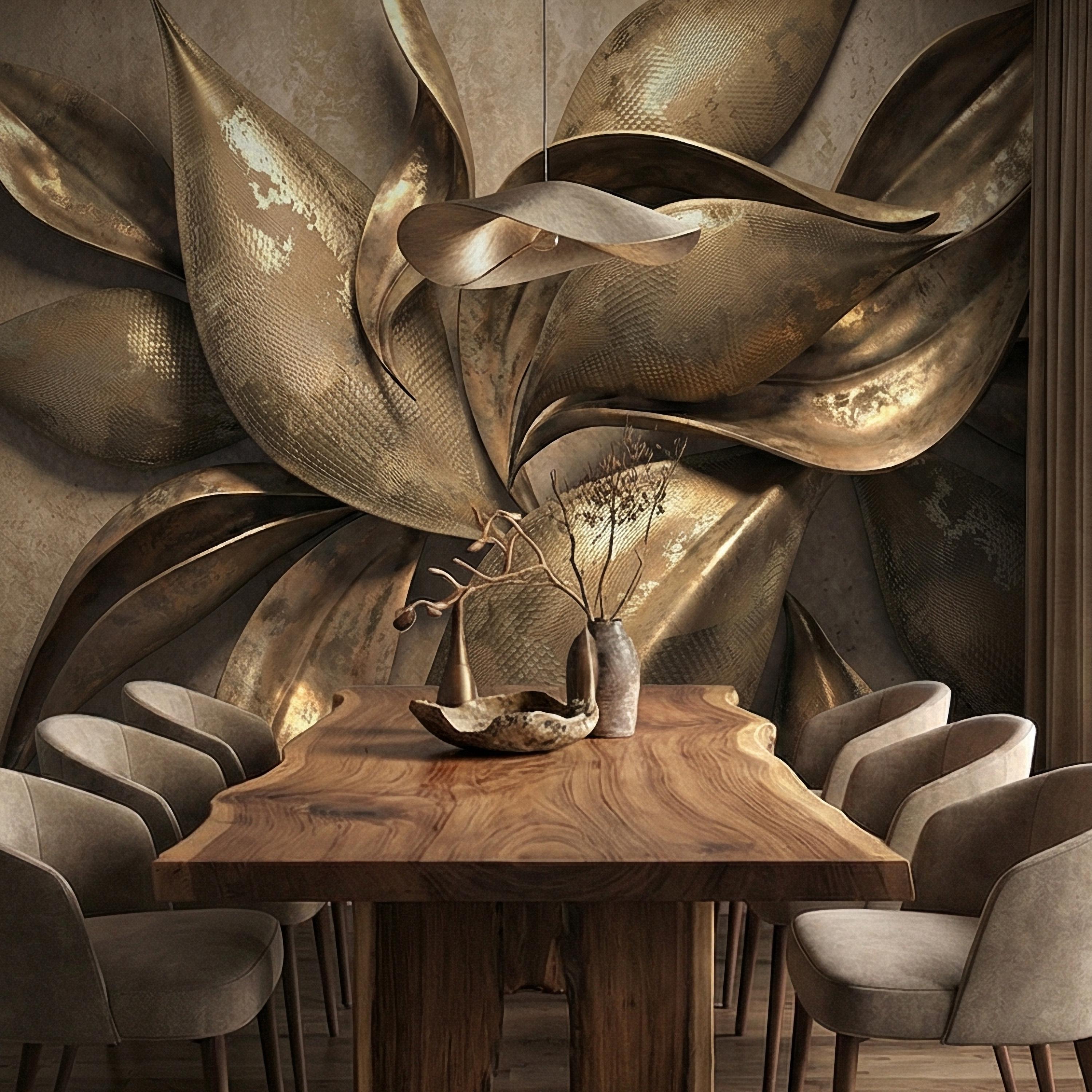 Abstract Leaf Peel and Stick Wall Mural, 3D Sculptural Antique Bronze Petals, Textured Botanical Floral Modern Luxury Wallpaper