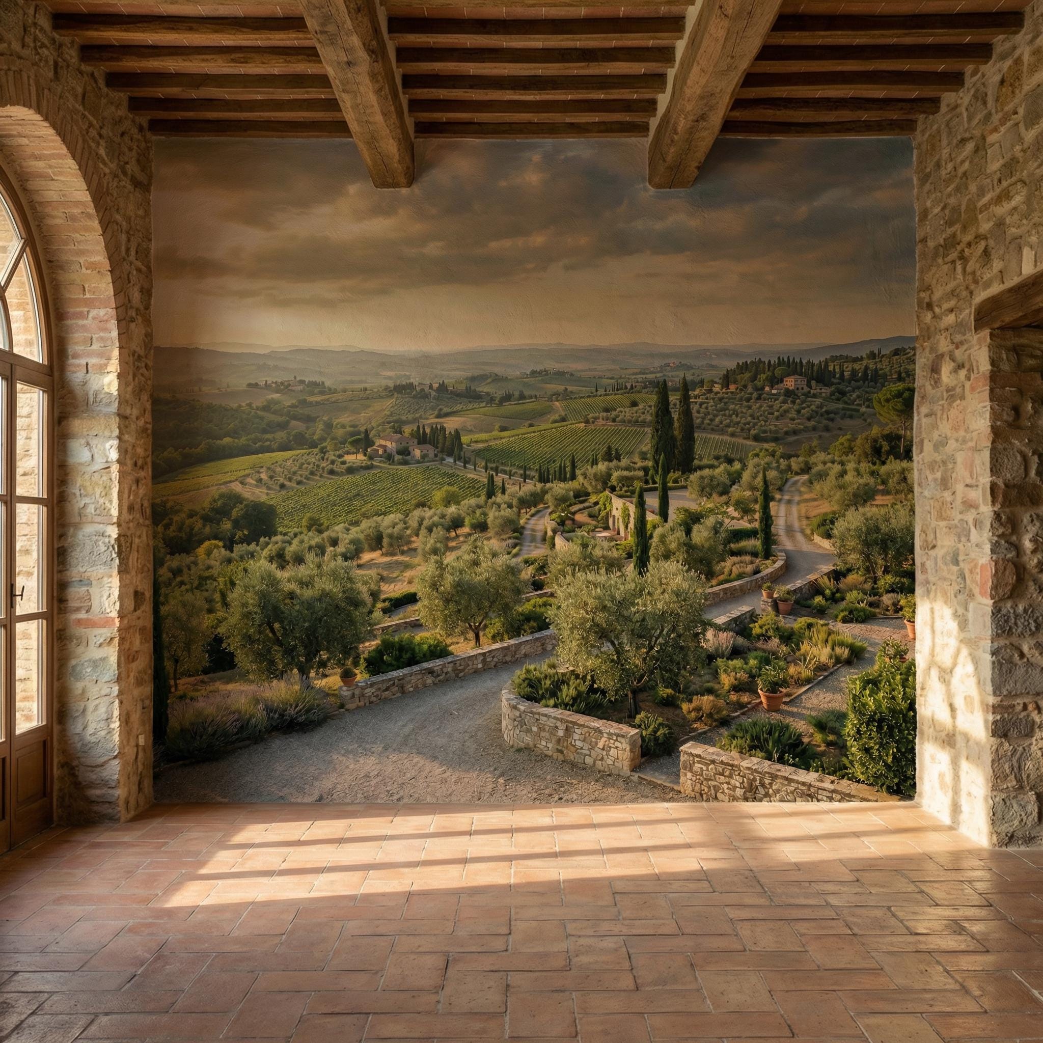Tuscan Countryside Peel and Stick Wall Mural, Italian Vineyard Landscape, Olive Grove Villa Wallpaper