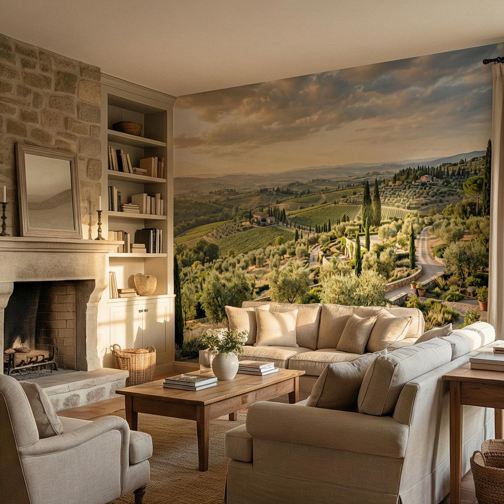 Tuscan Countryside Peel and Stick Wall Mural, Italian Vineyard Landscape, Olive Grove Villa Wallpaper
