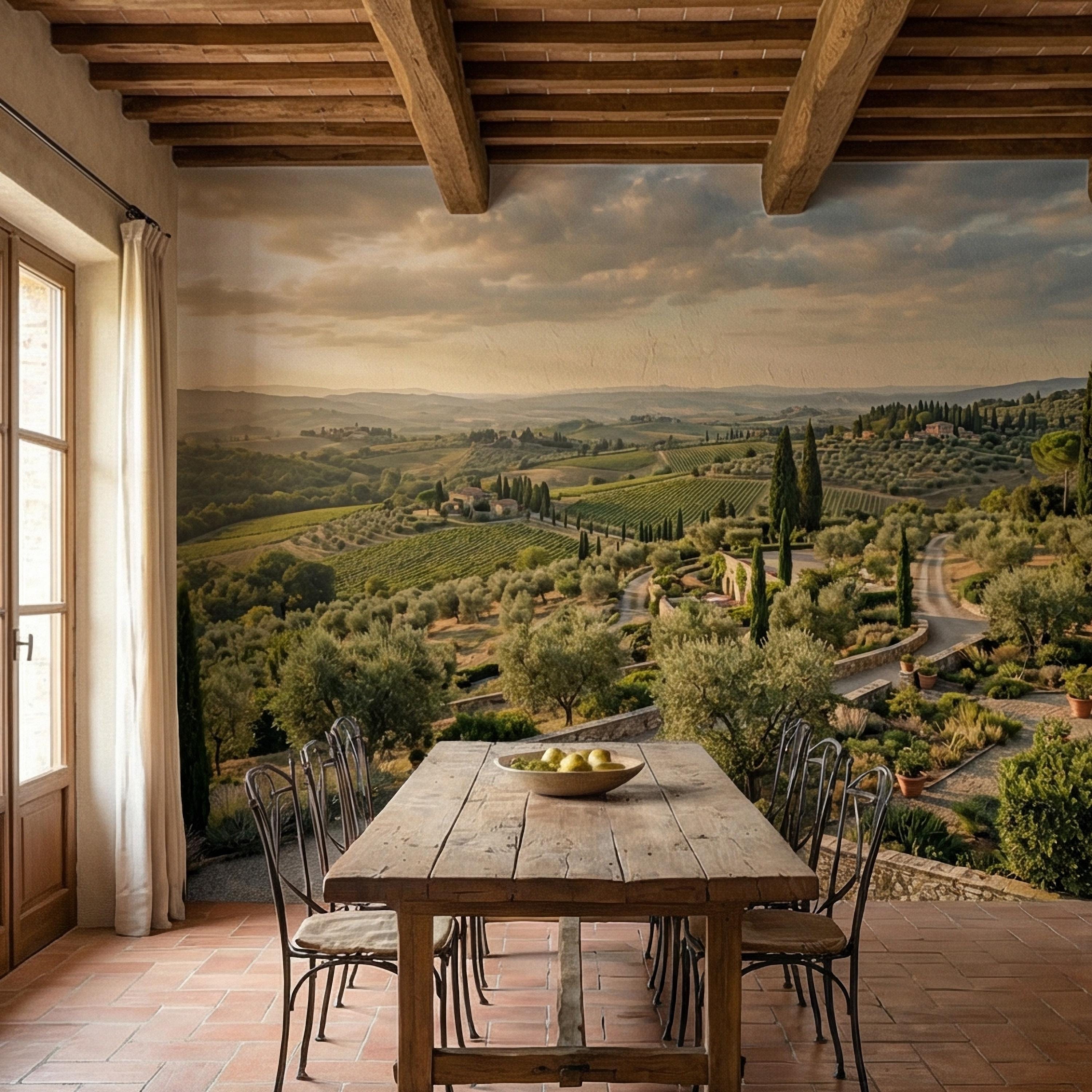 Tuscan Countryside Peel and Stick Wall Mural, Italian Vineyard Landscape, Olive Grove Villa Wallpaper