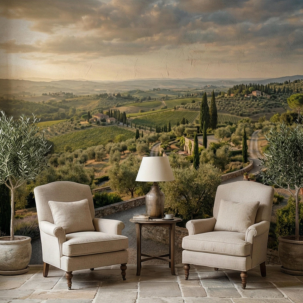Tuscan Countryside Peel and Stick Wall Mural, Italian Vineyard Landscape, Olive Grove Villa Wallpaper