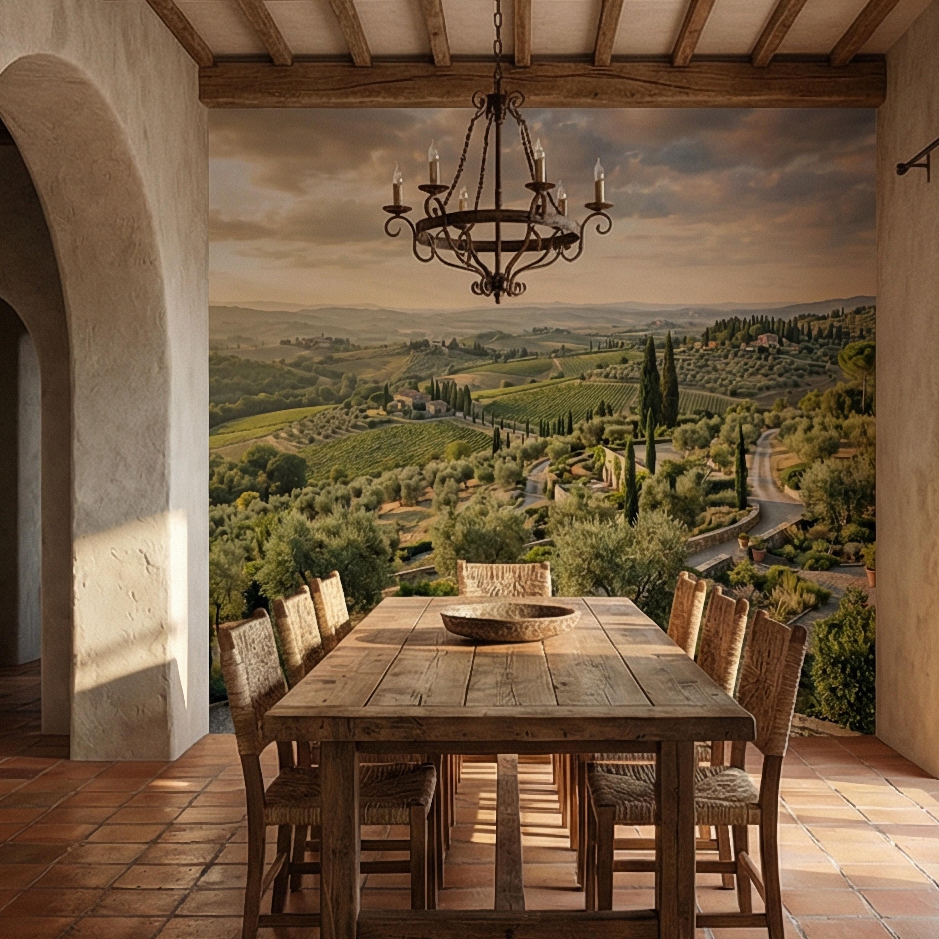 Tuscan Countryside Peel and Stick Wall Mural, Italian Vineyard Landscape, Olive Grove Villa Wallpaper