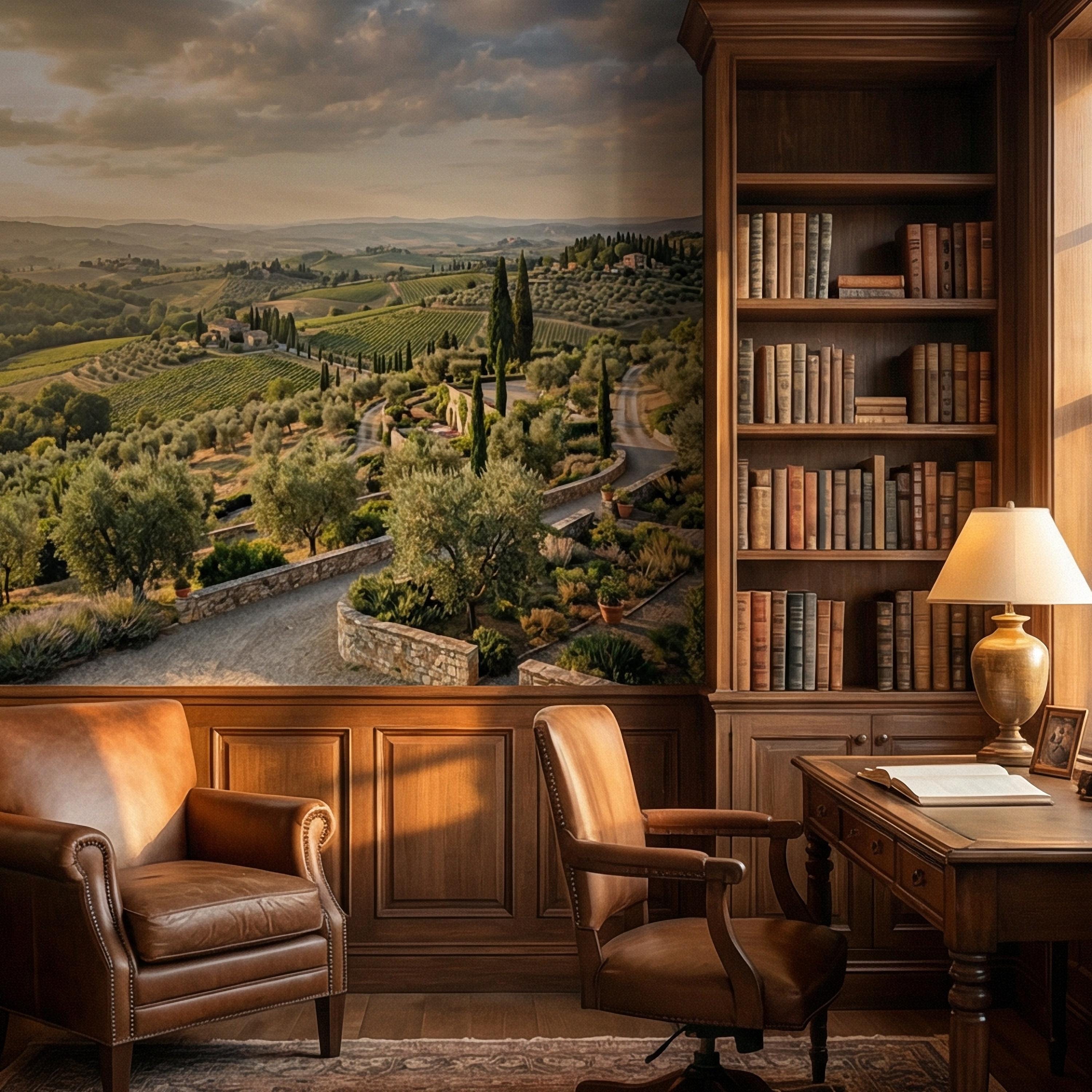 Tuscan Countryside Peel and Stick Wall Mural, Italian Vineyard Landscape, Olive Grove Villa Wallpaper