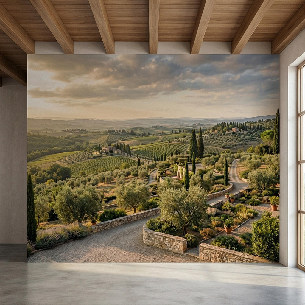 Tuscan Countryside Peel and Stick Wall Mural, Italian Vineyard Landscape, Olive Grove Villa Wallpaper