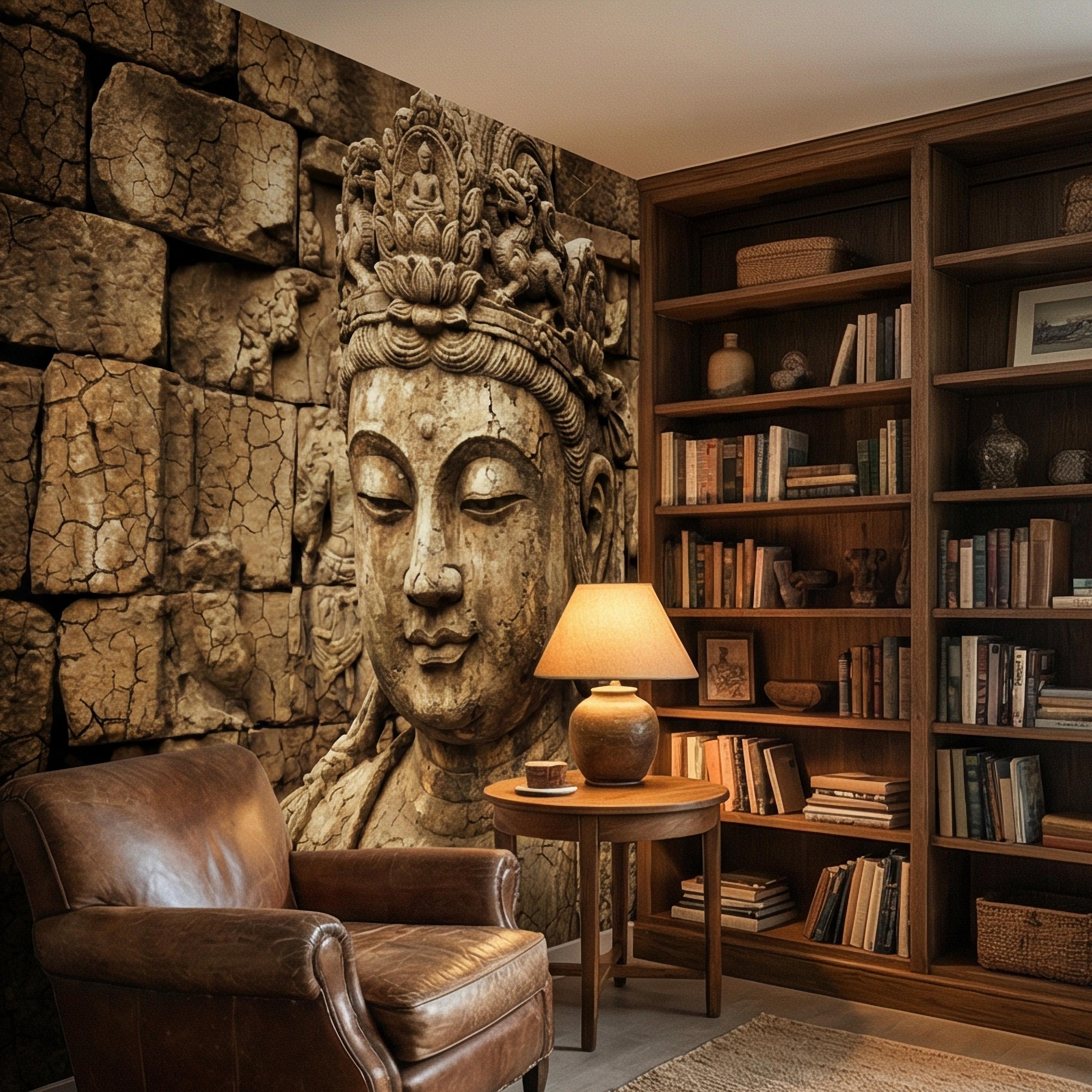 Ancient Buddha Statue Peel and Stick Wall Mural, Weathered Asian Temple Sculpture, Carved Stone Relief, Serene Zen Meditation Wallpaper