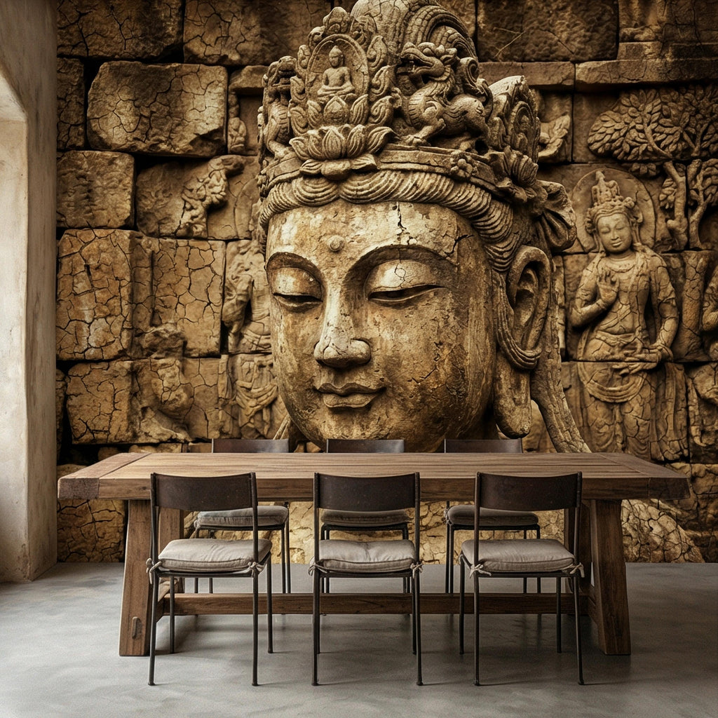 Ancient Buddha Statue Peel and Stick Wall Mural, Weathered Asian Temple Sculpture, Carved Stone Relief, Serene Zen Meditation Wallpaper