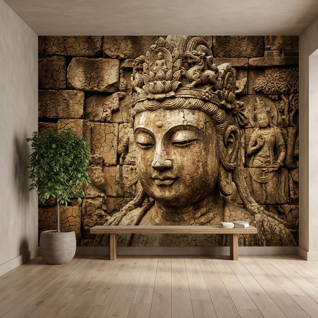 Ancient Buddha Statue Peel and Stick Wall Mural, Weathered Asian Temple Sculpture, Carved Stone Relief, Serene Zen Meditation Wallpaper