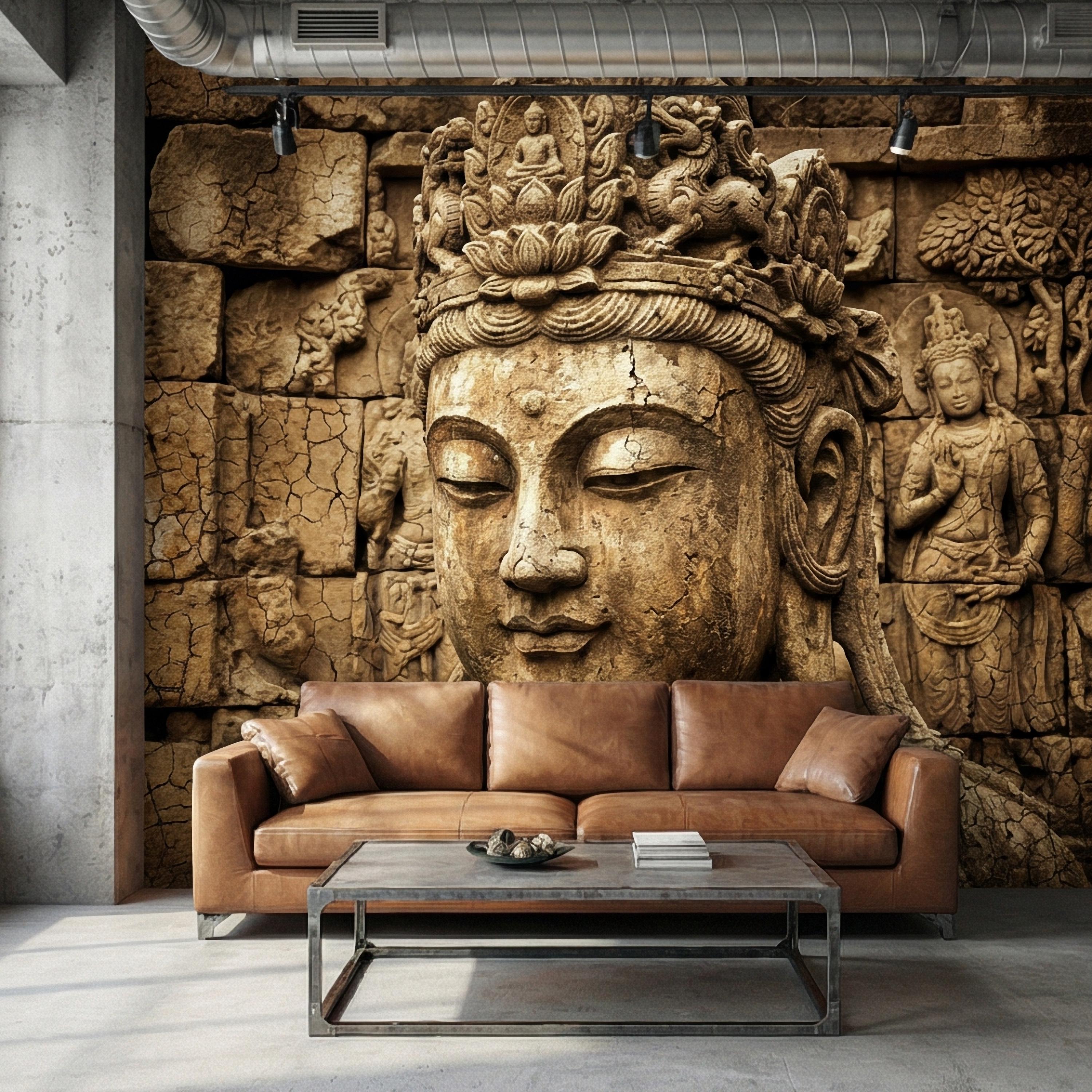 Ancient Buddha Statue Peel and Stick Wall Mural, Weathered Asian Temple Sculpture, Carved Stone Relief, Serene Zen Meditation Wallpaper