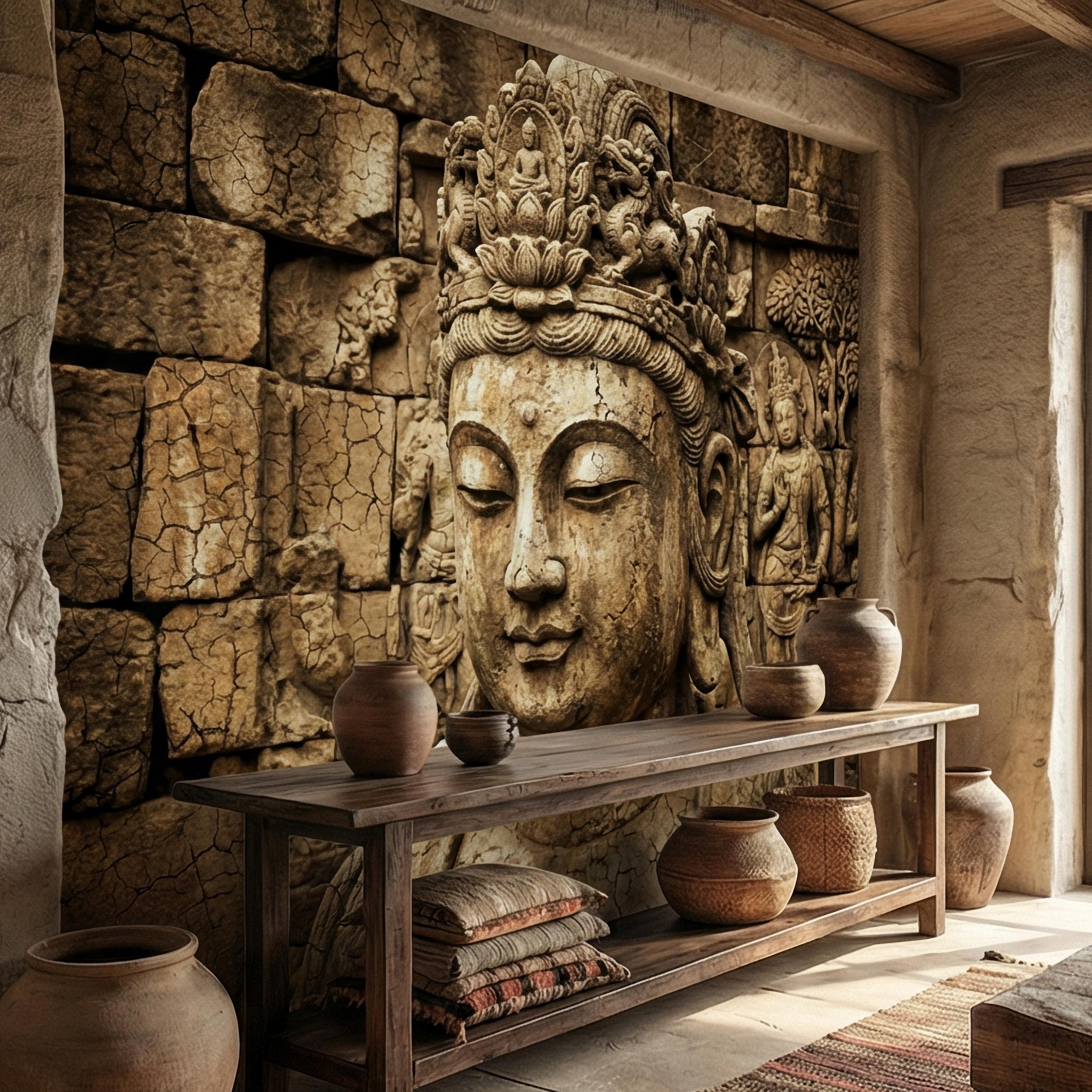 Ancient Buddha Statue Peel and Stick Wall Mural, Weathered Asian Temple Sculpture, Carved Stone Relief, Serene Zen Meditation Wallpaper