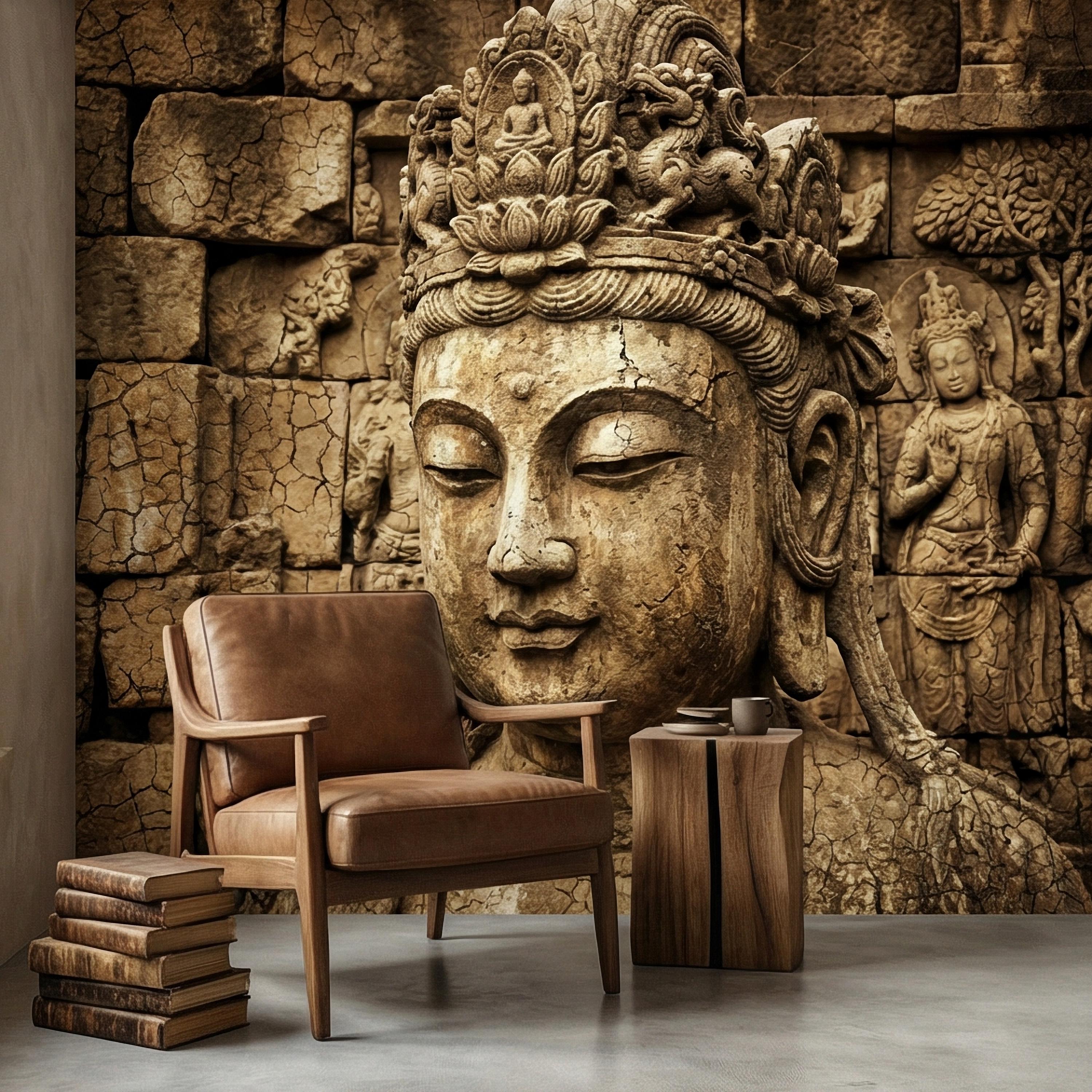 Ancient Buddha Statue Peel and Stick Wall Mural, Weathered Asian Temple Sculpture, Carved Stone Relief, Serene Zen Meditation Wallpaper