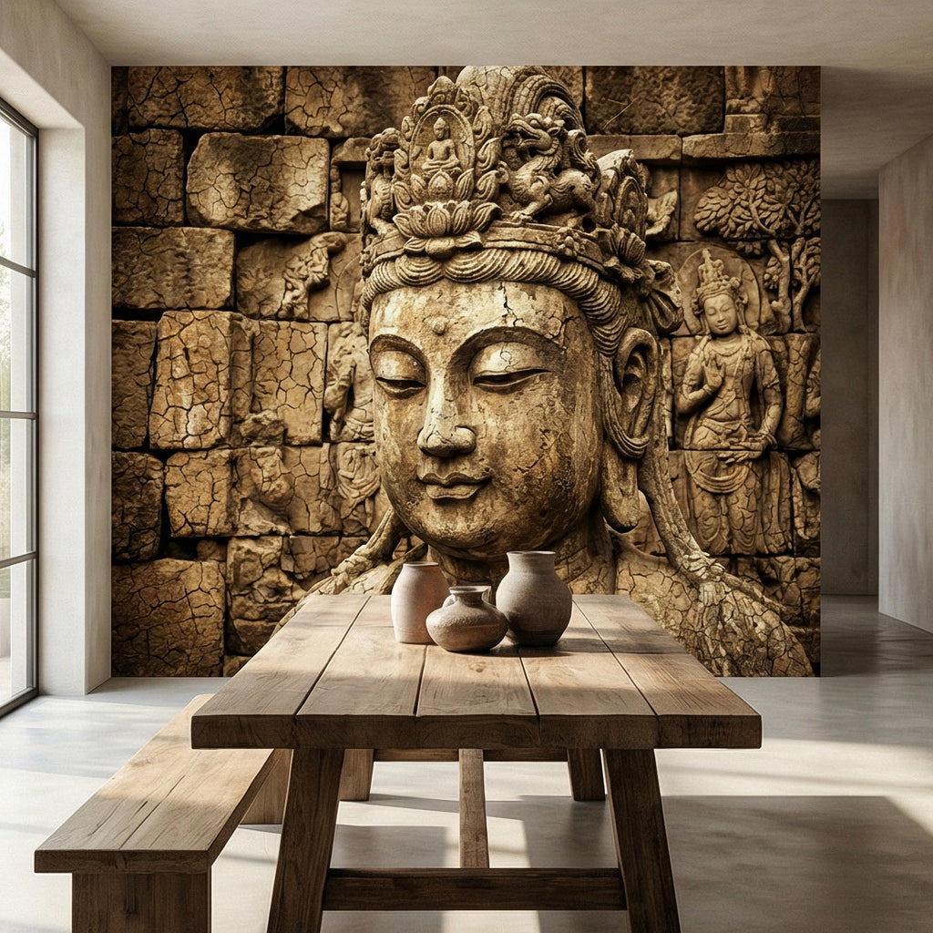 Ancient Buddha Statue Peel and Stick Wall Mural, Weathered Asian Temple Sculpture, Carved Stone Relief, Serene Zen Meditation Wallpaper
