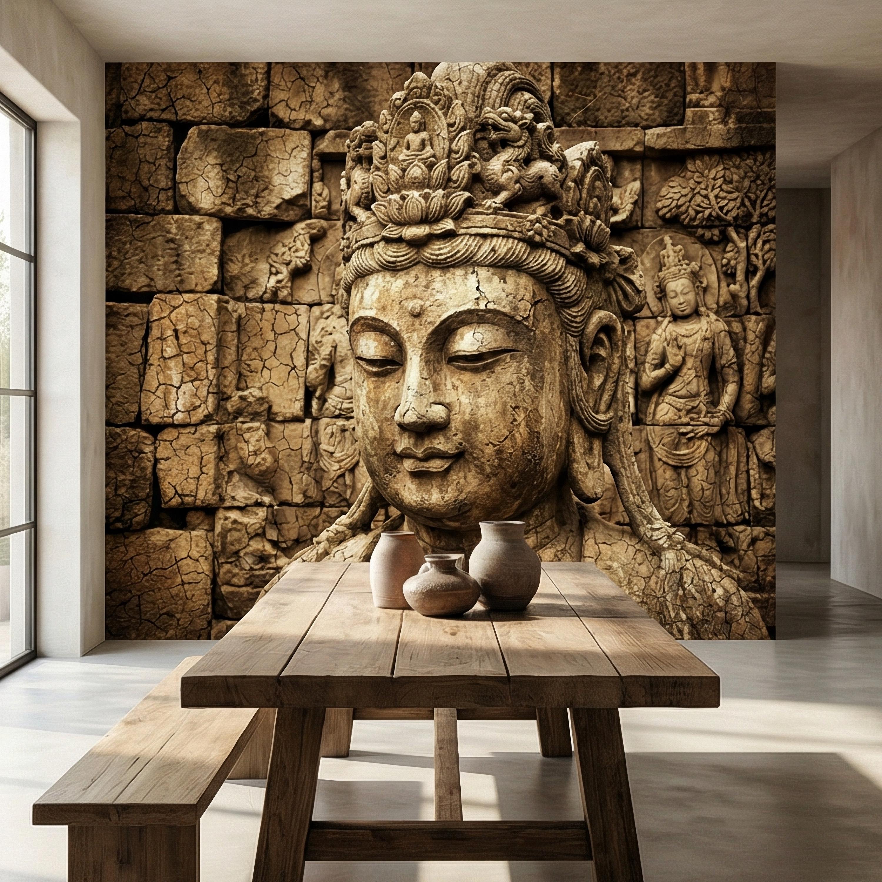 Ancient Buddha Statue Peel and Stick Wall Mural, Weathered Asian Temple Sculpture, Carved Stone Relief, Serene Zen Meditation Wallpaper